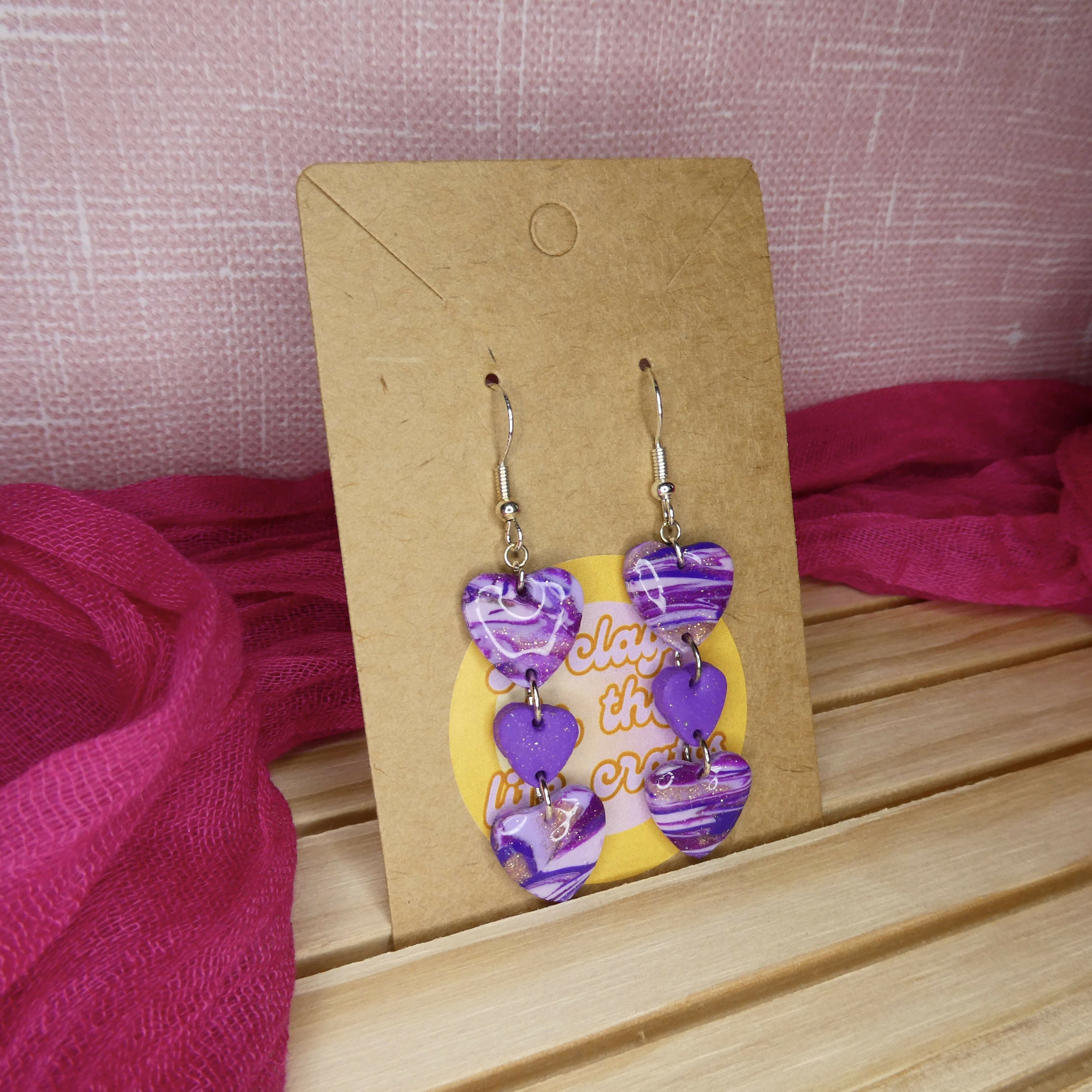 Purple Marble Dangle Heart Polymer Clay Earrings