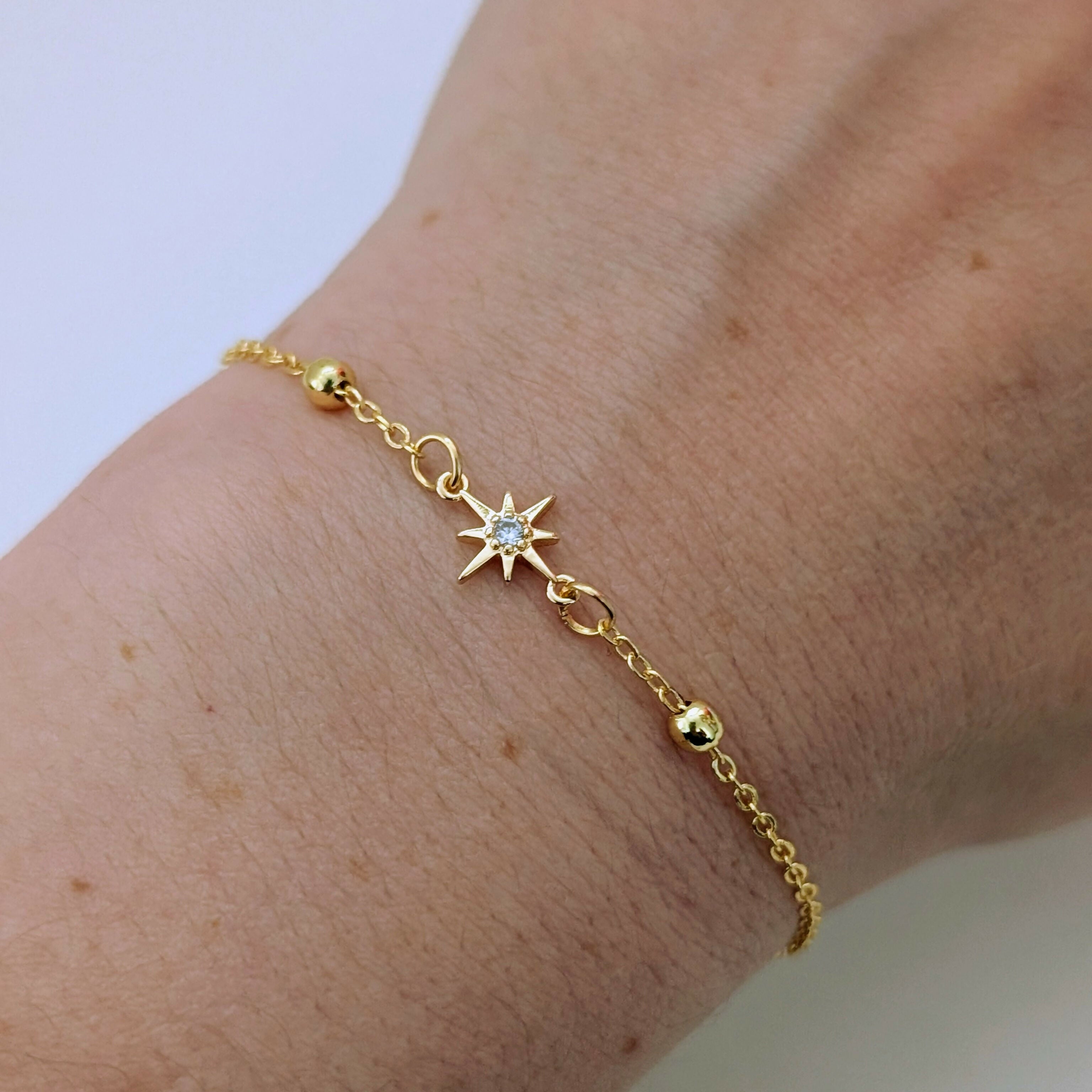 Gold Tiny Star Cubic Zirconia Bracelet on a Delicate Beaded Gold Chain