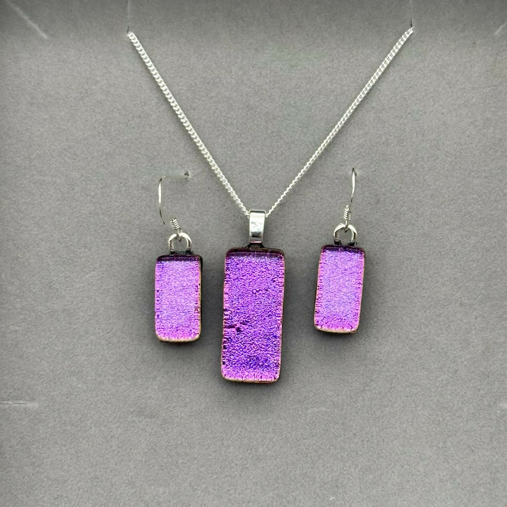Magenta Dichroic Glass Necklace and Earrings Set - Sterling Silver, Handmade by Jade Tapson Glass.
