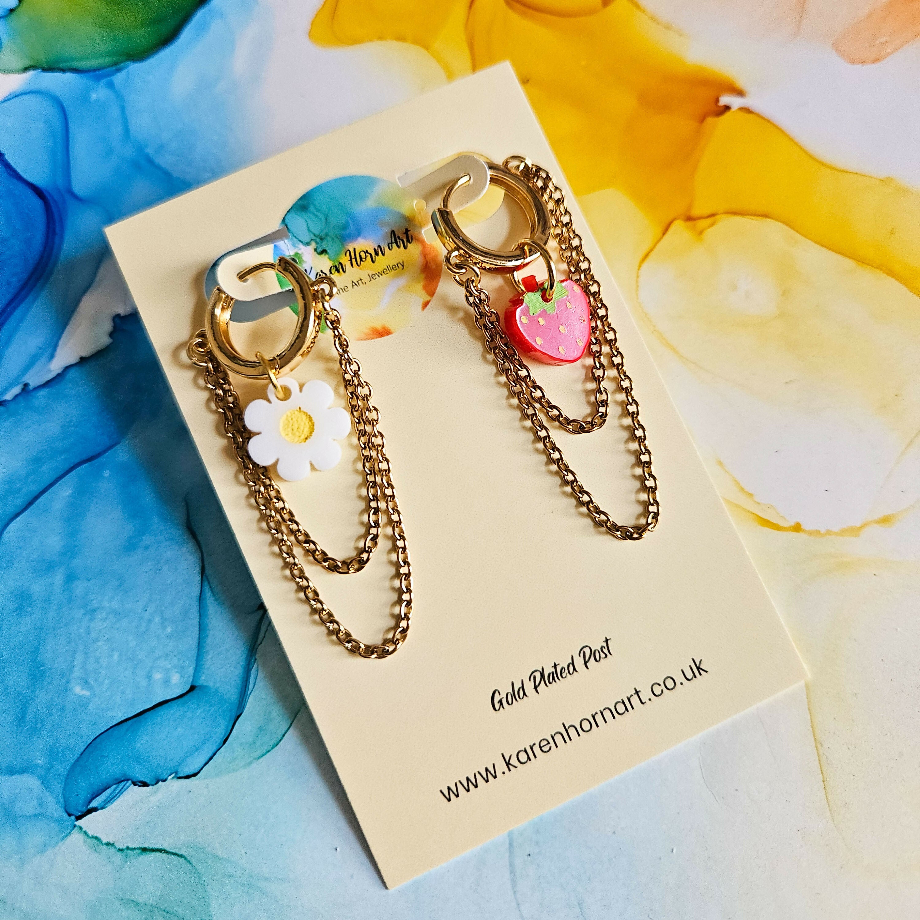 Handmade Mismatched Side Hoops With Daisy And Strawberry Resin Charms And Chains