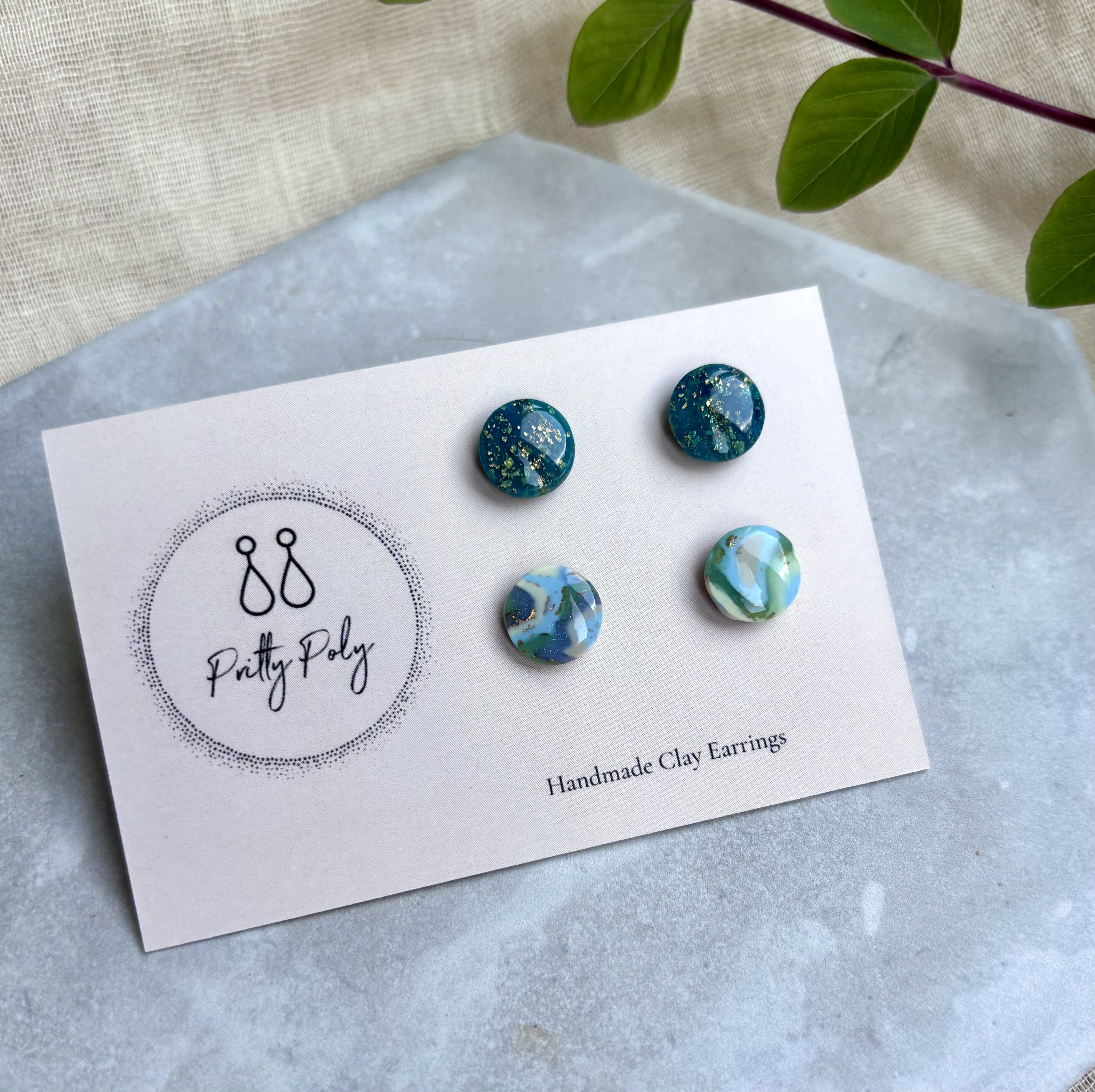 Clay Stud Pack - Deep Blue & Gold and Aqua Pattern Studs