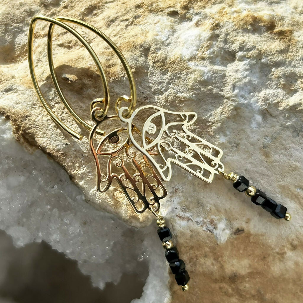 Handmade Gold Vermeil Black Spinel Hamsa Hand Earrings