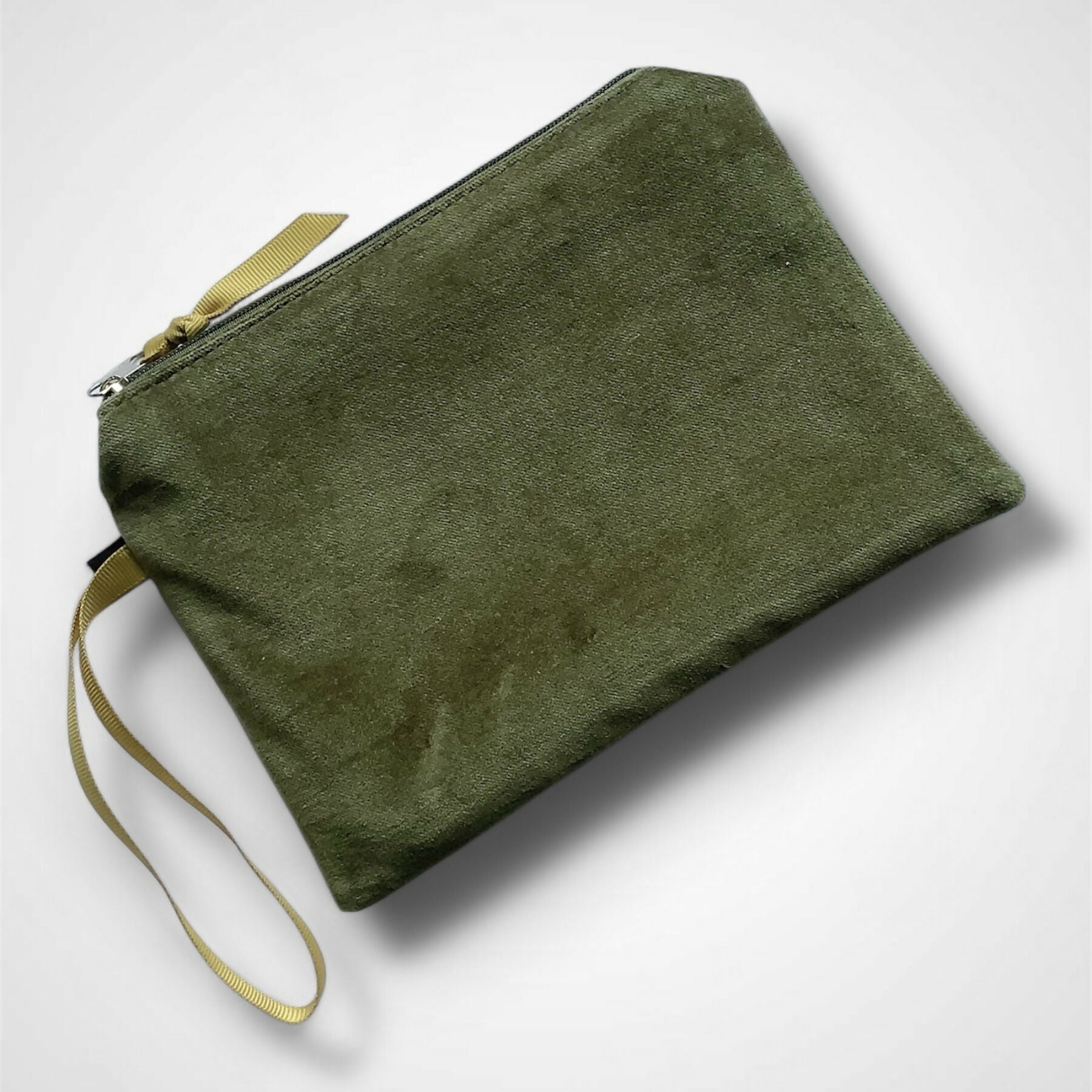 Lotus Flower Olive Green Velvet Zip-Up Pouch with Wrist Strap