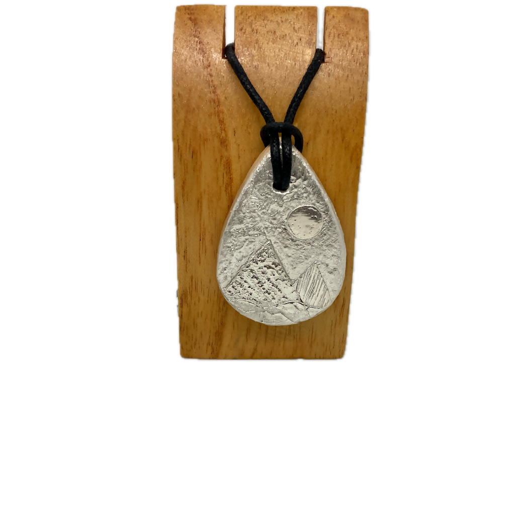 Moonlit Mountains Chunky Statement Landscape Pendant Necklace -Silver And Black Cord