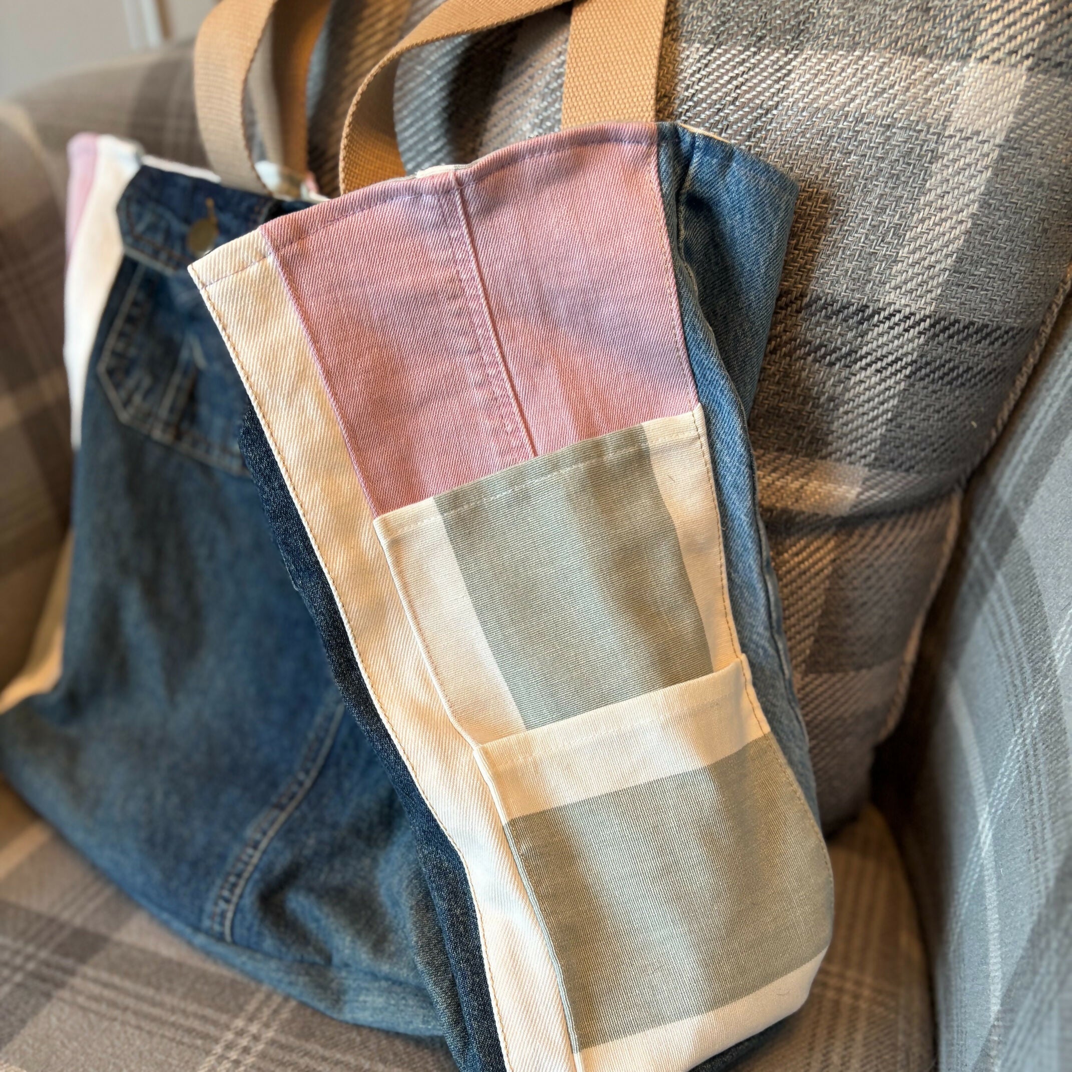 Unique Handcrafted Oversized Denim Tote Beach Bag Handbag Made From Upcycled Blue And White Jeans