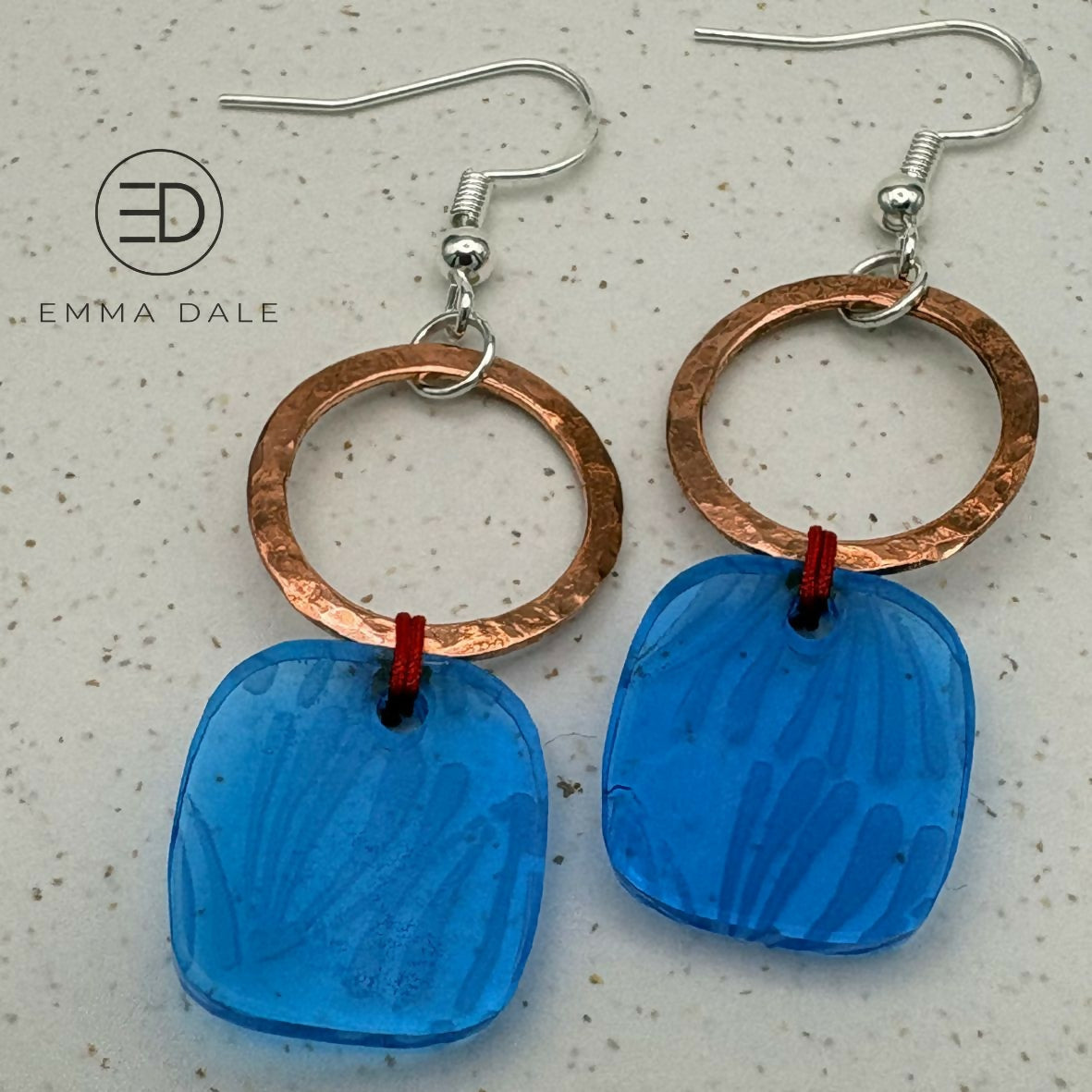 Blue Doodle Acrylic & Hand-Hammered Copper Earrings