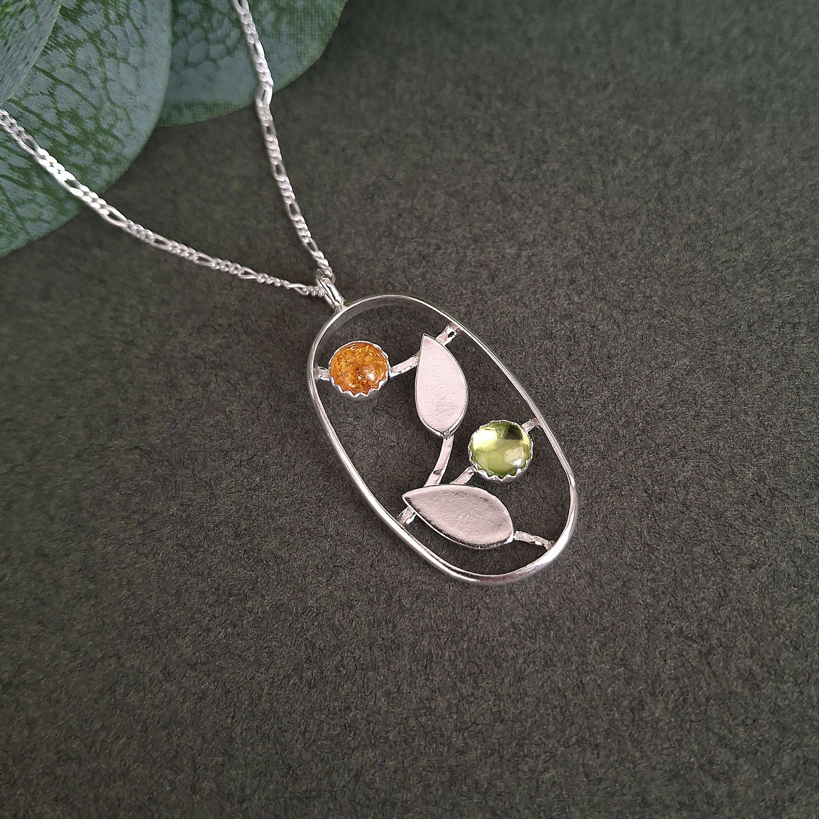 Handmade Oval Silver Leaf Necklace With Amber & Peridot