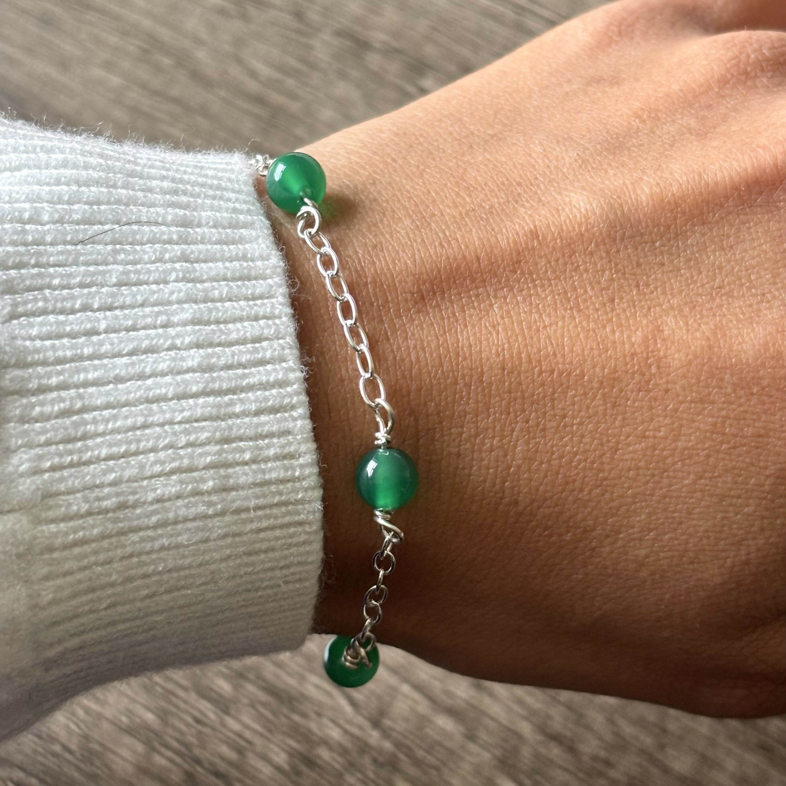 Sterling Silver Natural Green Agate Bracelet