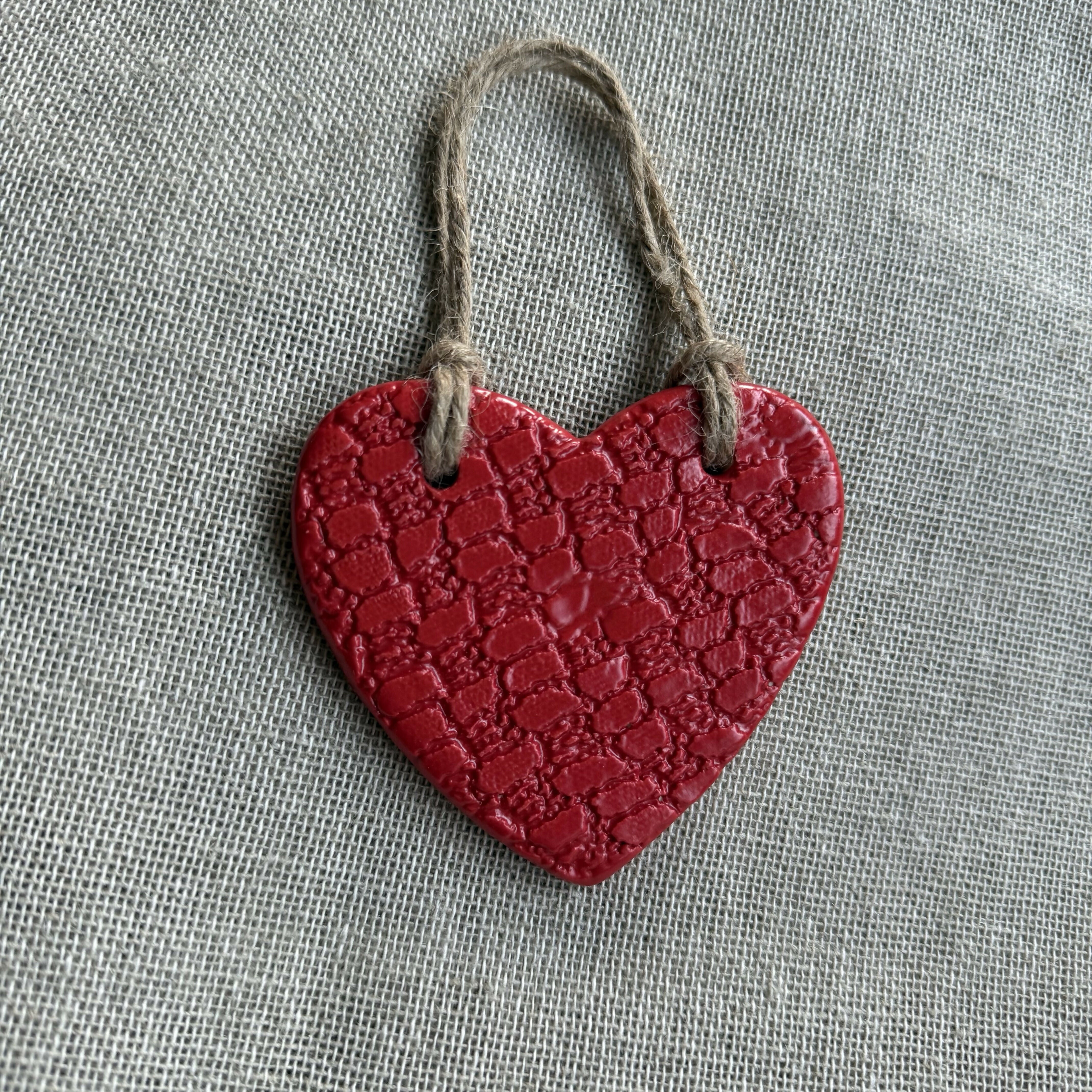 Textured Ceramic Heart Hanging – Ocean Blues with Rustic Jute String