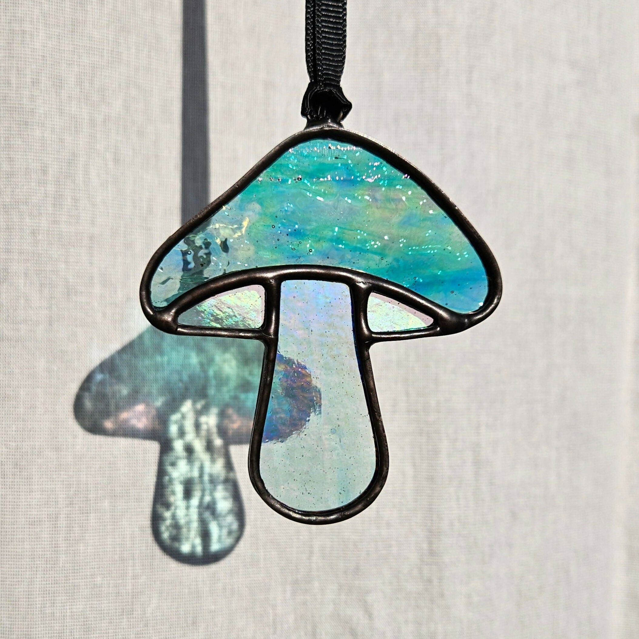 Textured Iridescent Green-Blue Mushroom Stained Glass Suncatcher