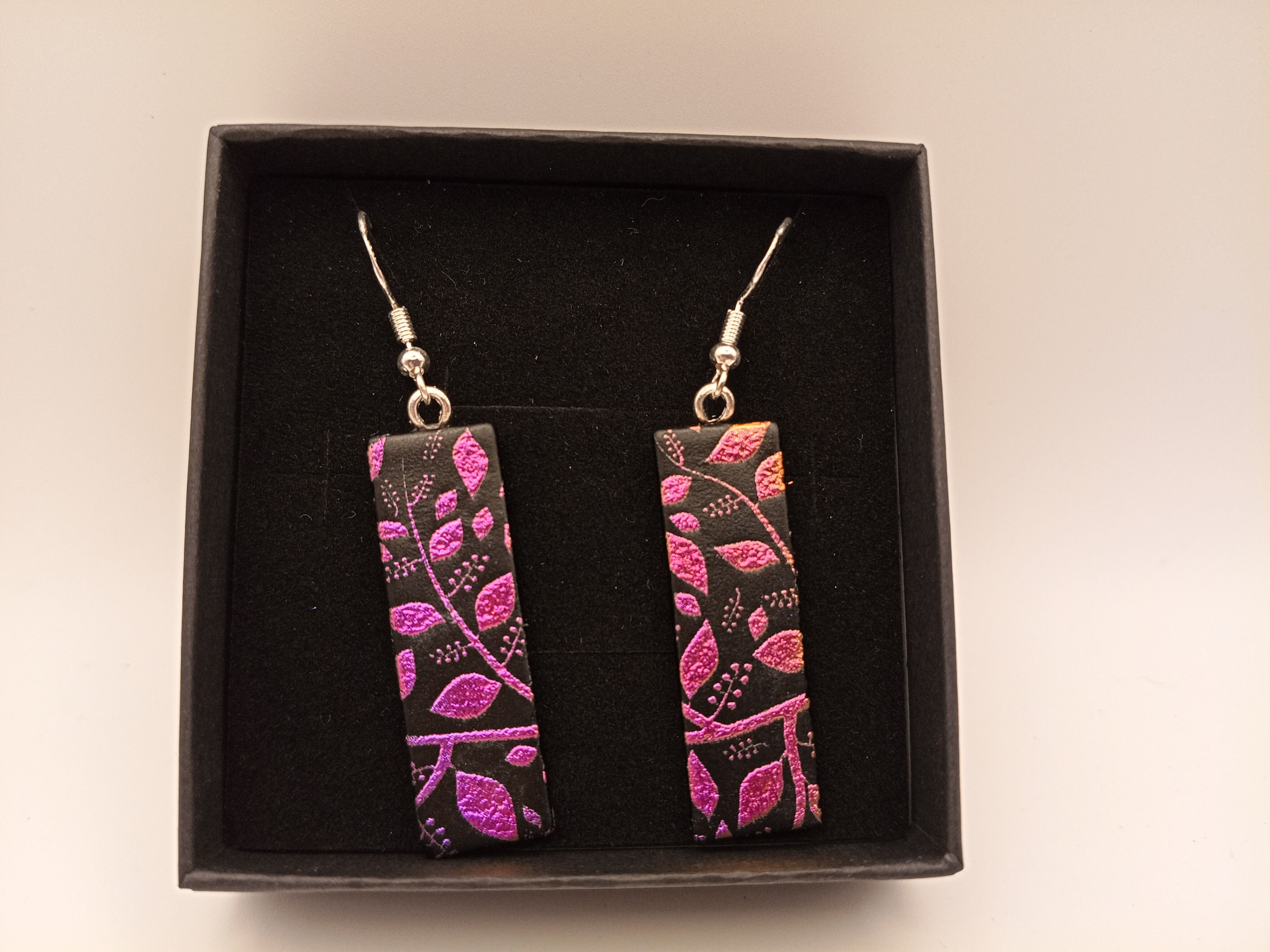 Pink and Purple Leafs on Black Earrings