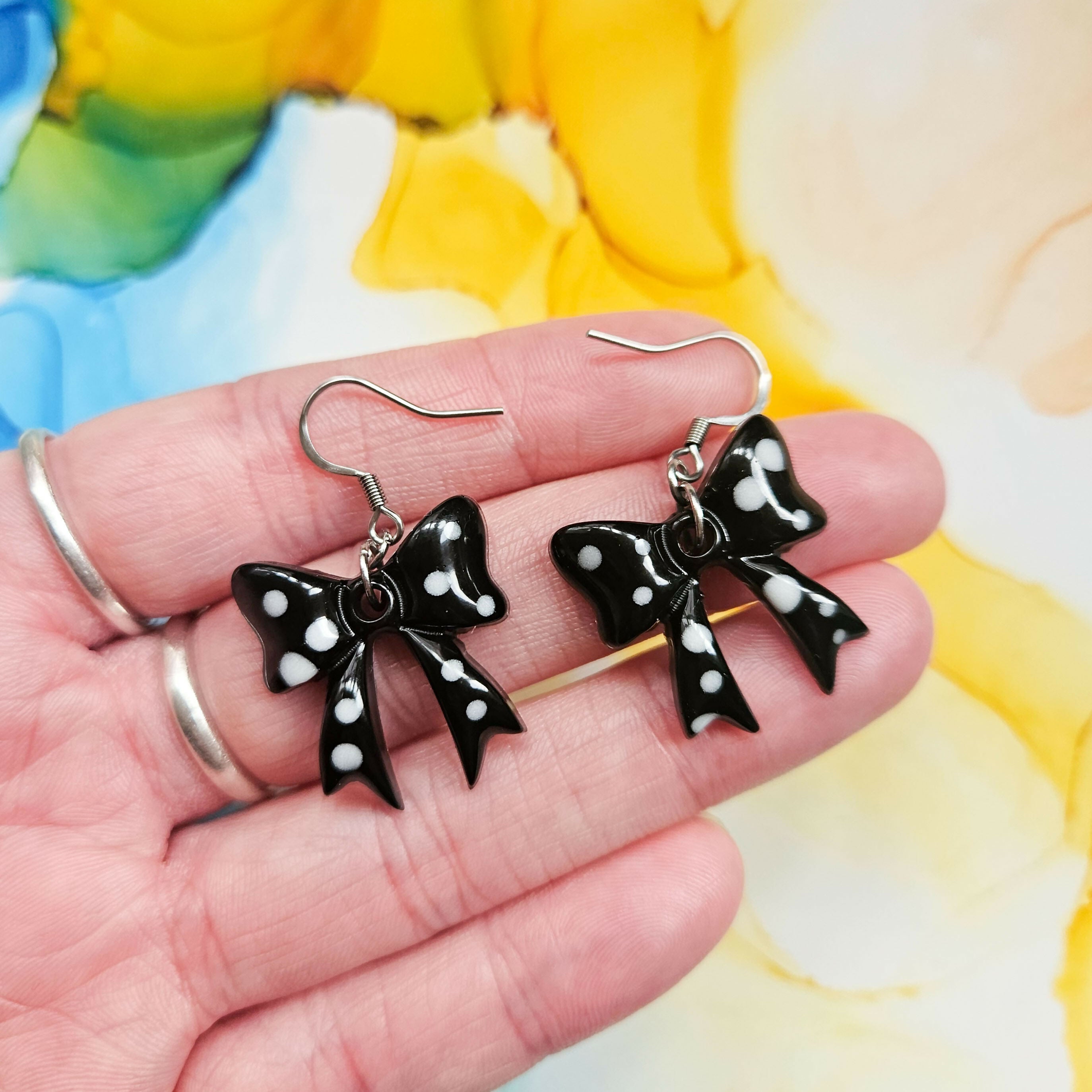 Handmade Black And White Dots Bow Resin Earrings