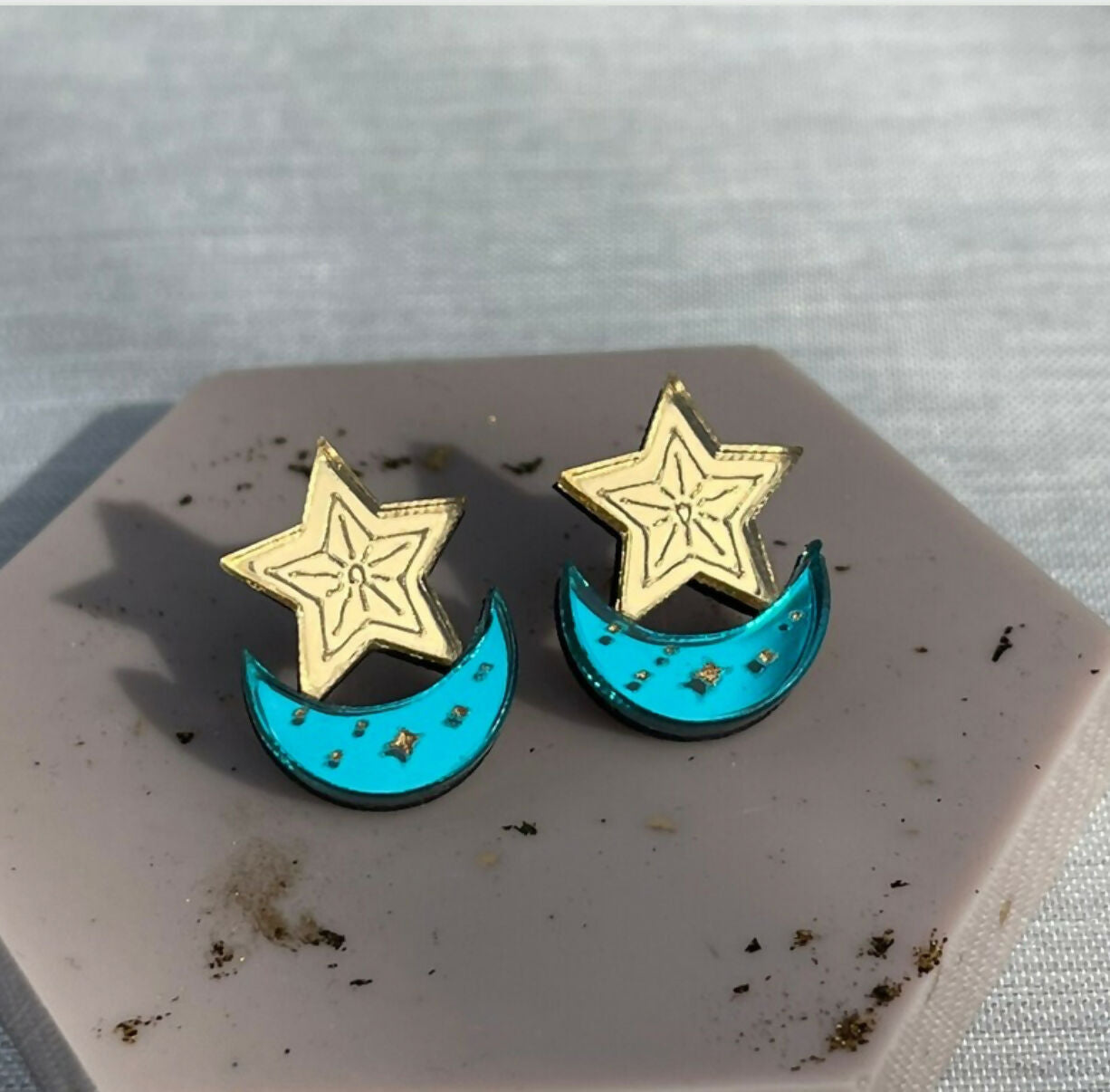 Celestial, Engraved, Moon And Star Stud