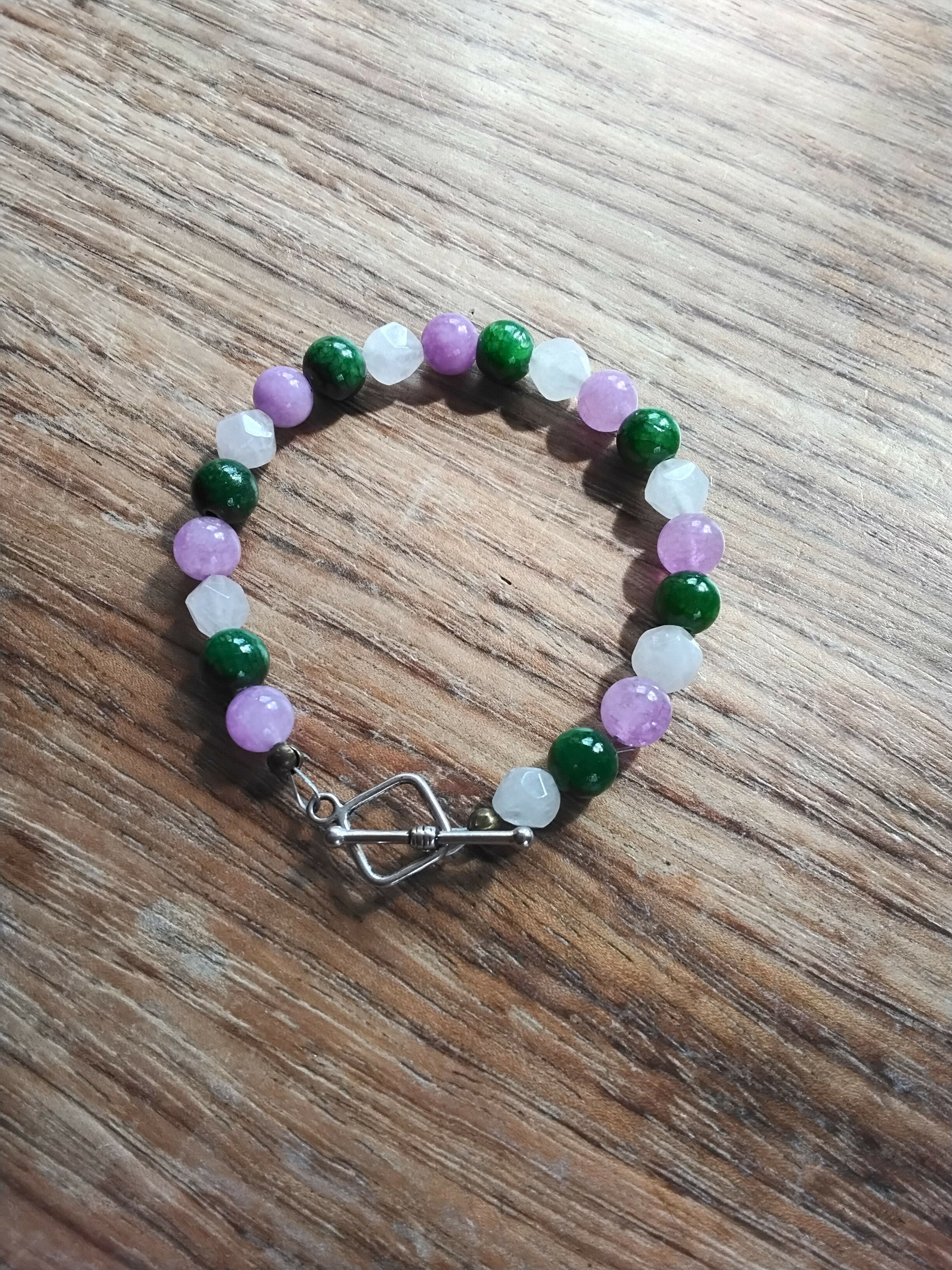 Tibetan Silver Toggle Catch Bracelet with Faceted Rose Quartz, Green Chalcedony & Amethyst.