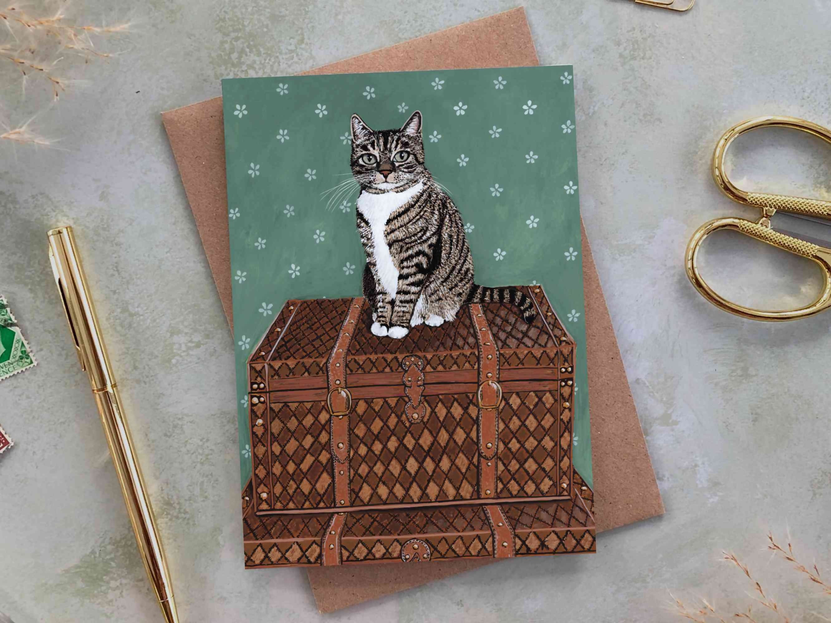 Tabby Cat Vintage Trunks A6 Greeting Card