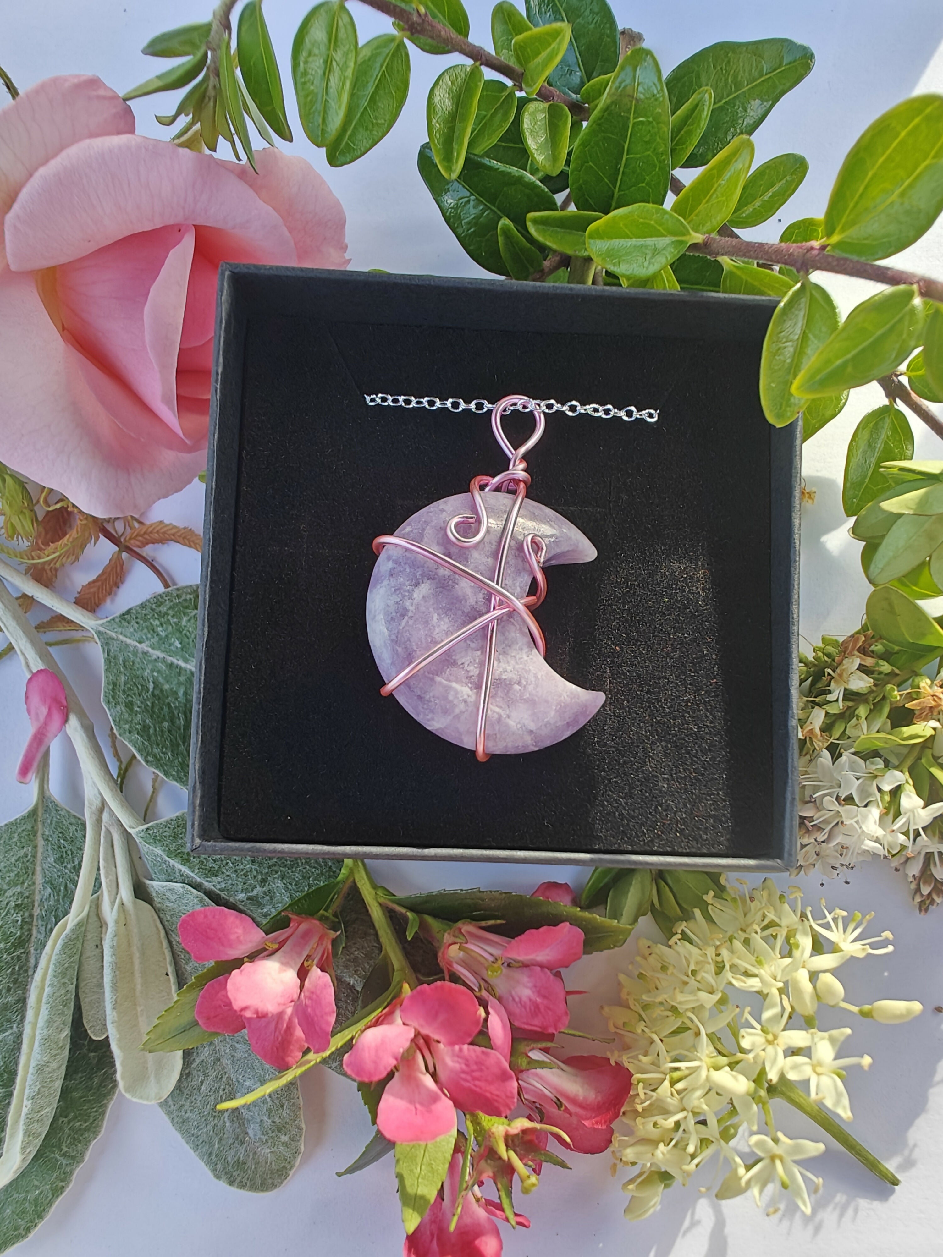 Lepidolite Wire Wrapped Crystal Moon Necklace on Sterling Silver Chain