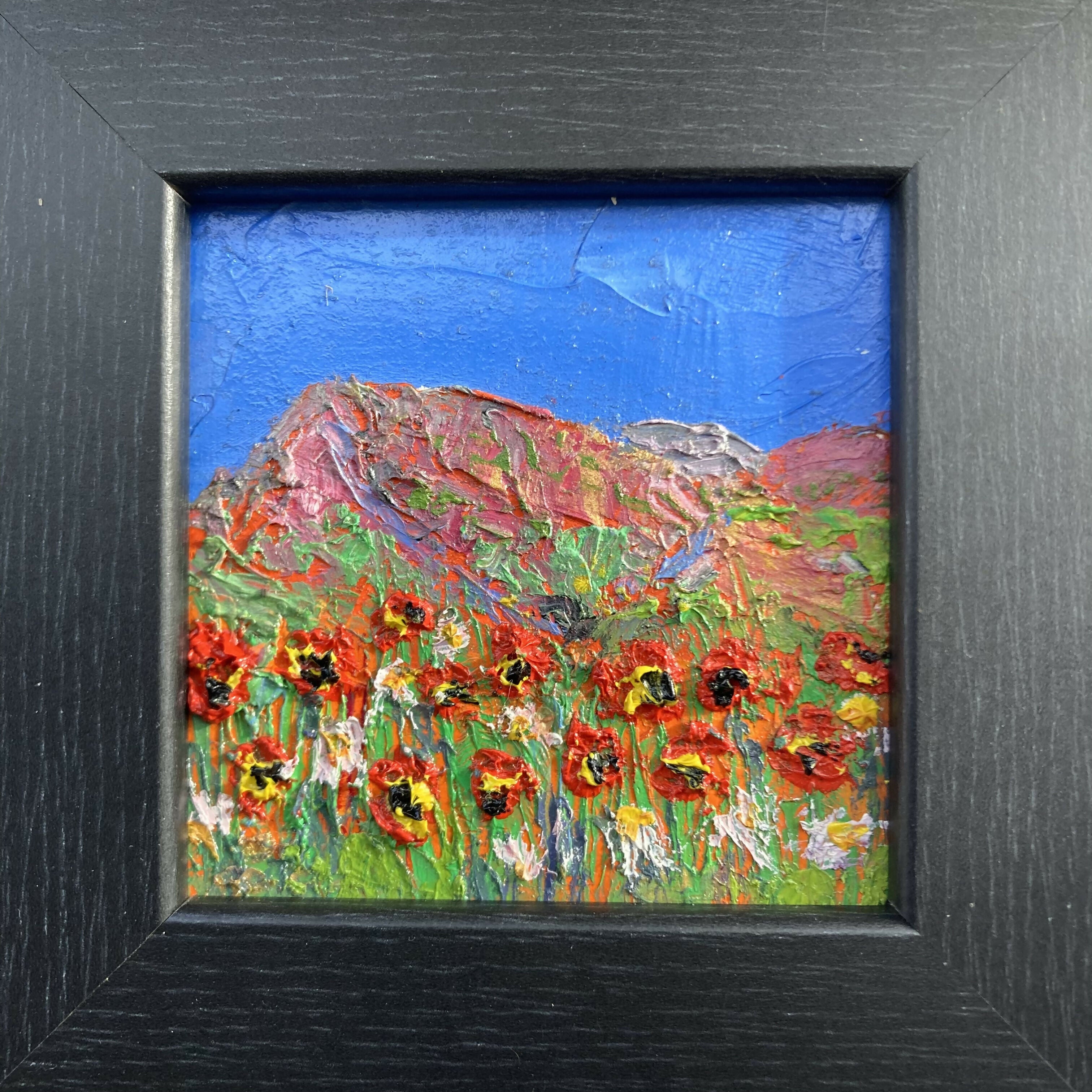 Daisies & Poppies - Black Framed Oil Painting On Wood