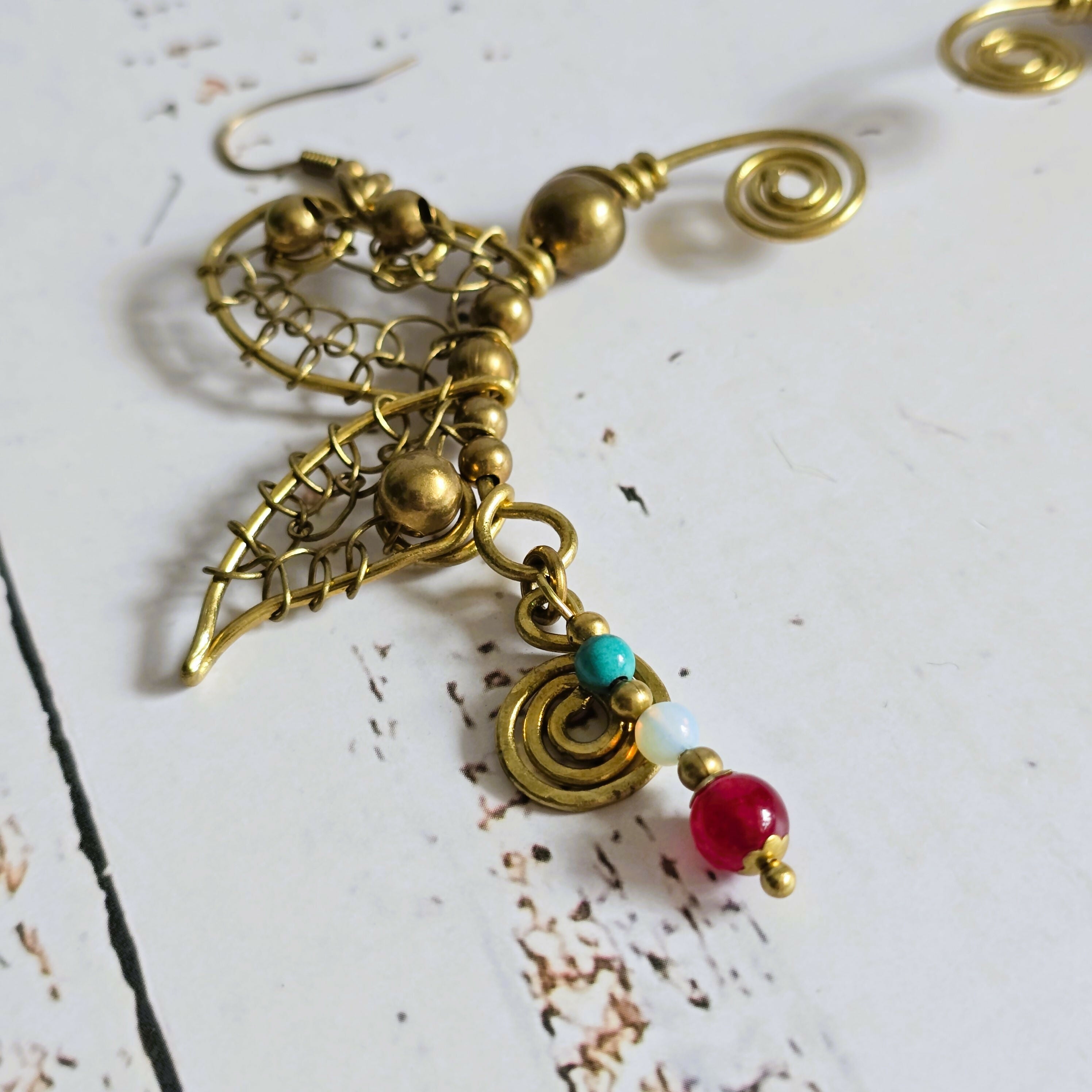 Handmade Butterfly Earrings; Intricate Wire Art With Turquoise, Moonstone & Rubellite Crystals