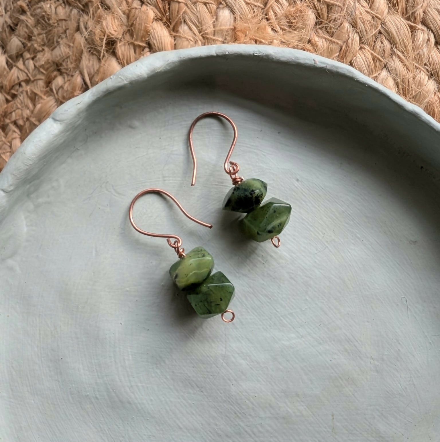 Hand wrapped Nephrite & Copper Dangle Earrings