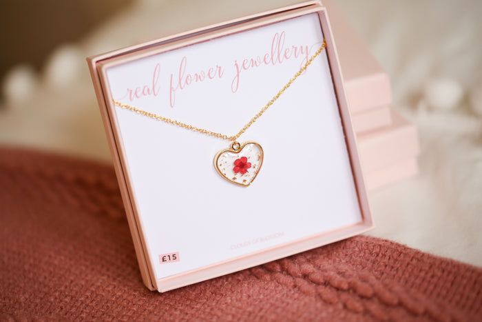 Red Baby’s Breath Medium Heart Necklace Gold Plated