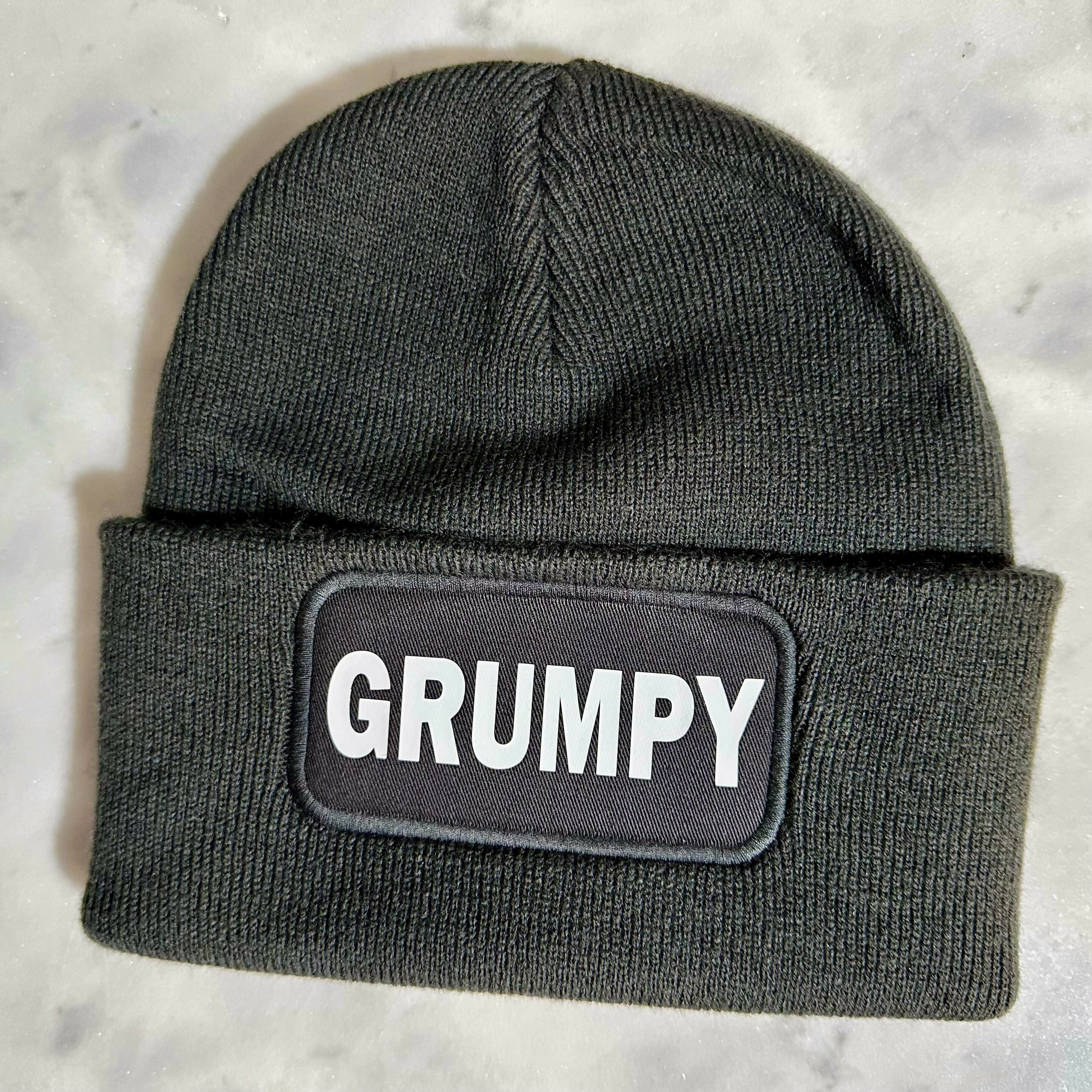 Grumpy Cuffed Rectangular Patch Beanie Hat