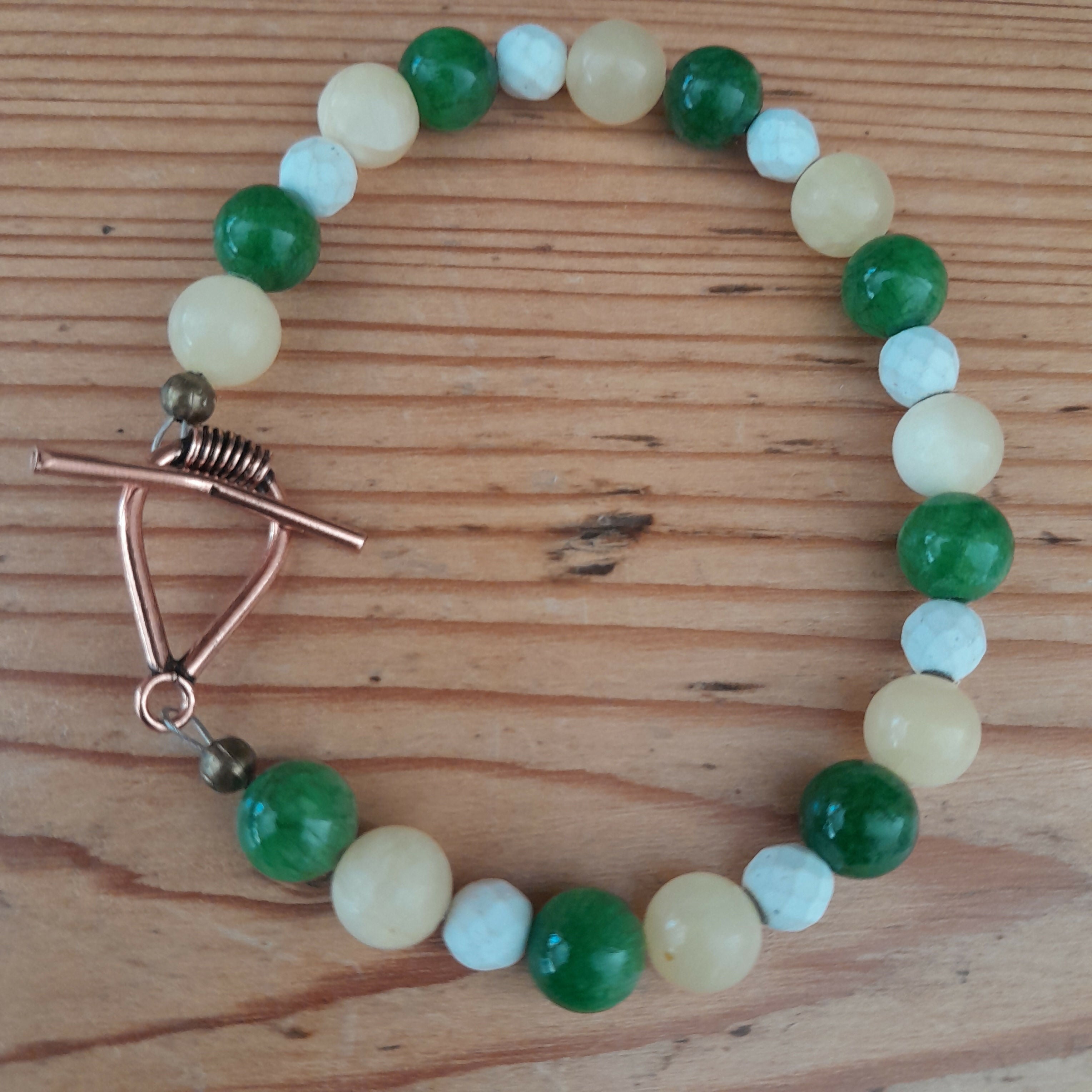Pure Copper Toggle Bracelet with Green Chalcedony, Yellow Chalcedony and Faceted Howlite