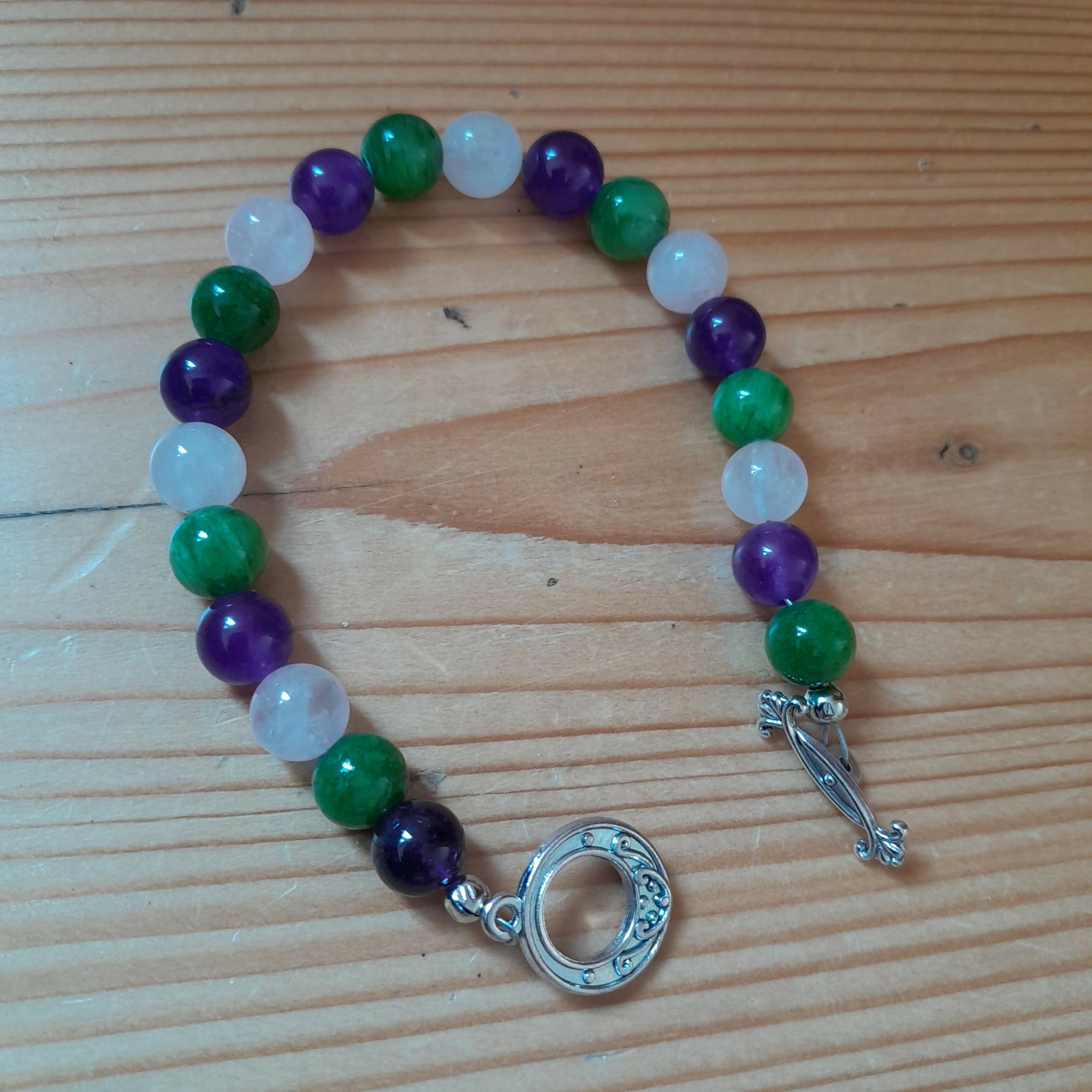 Tibetan Silver Toggle Catch Bracelet with Amethyst, Pea Green Chalcedony and Rose Quartz.