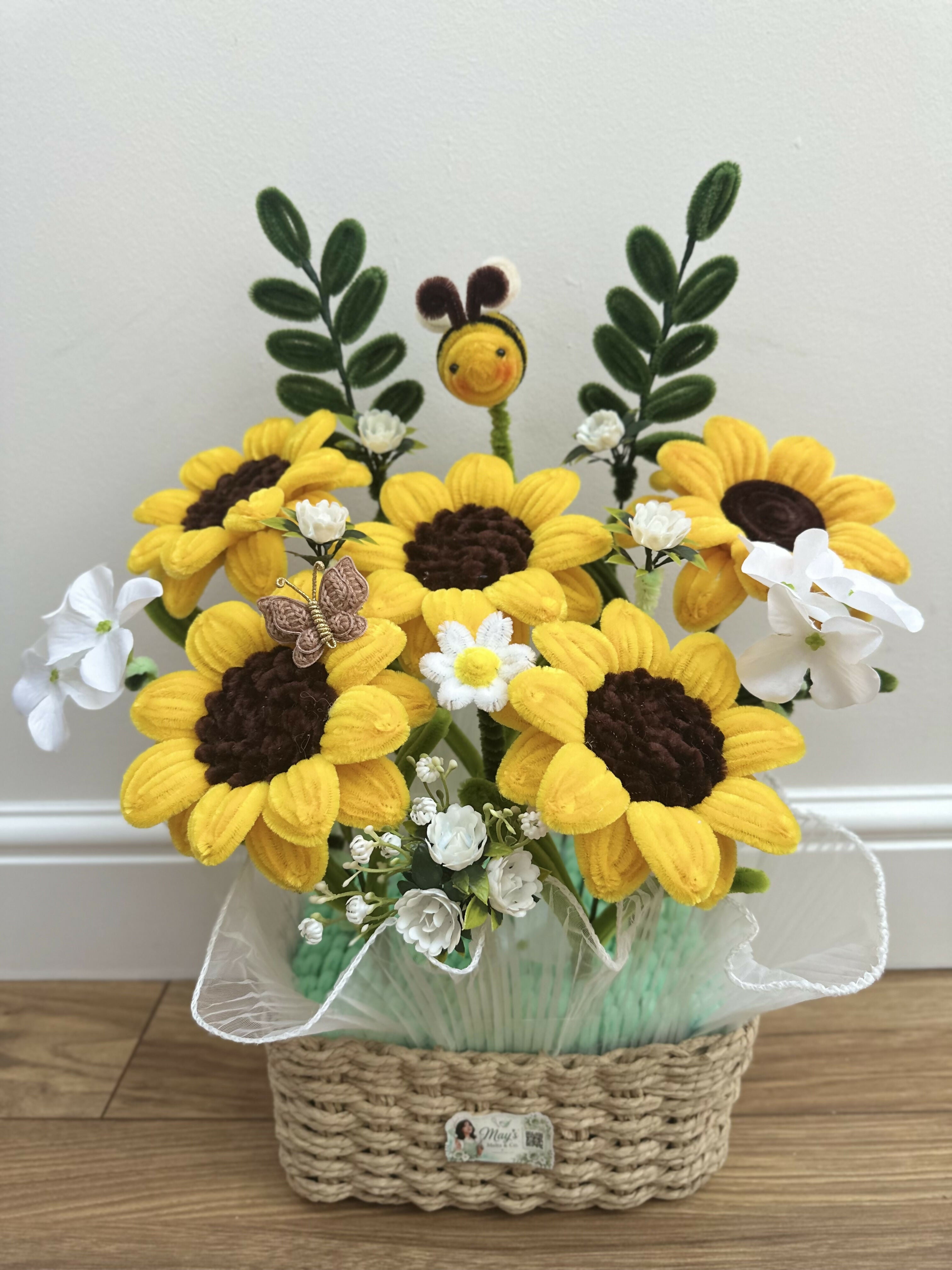 Handmade Chenille Sunflower Basket Arrangement