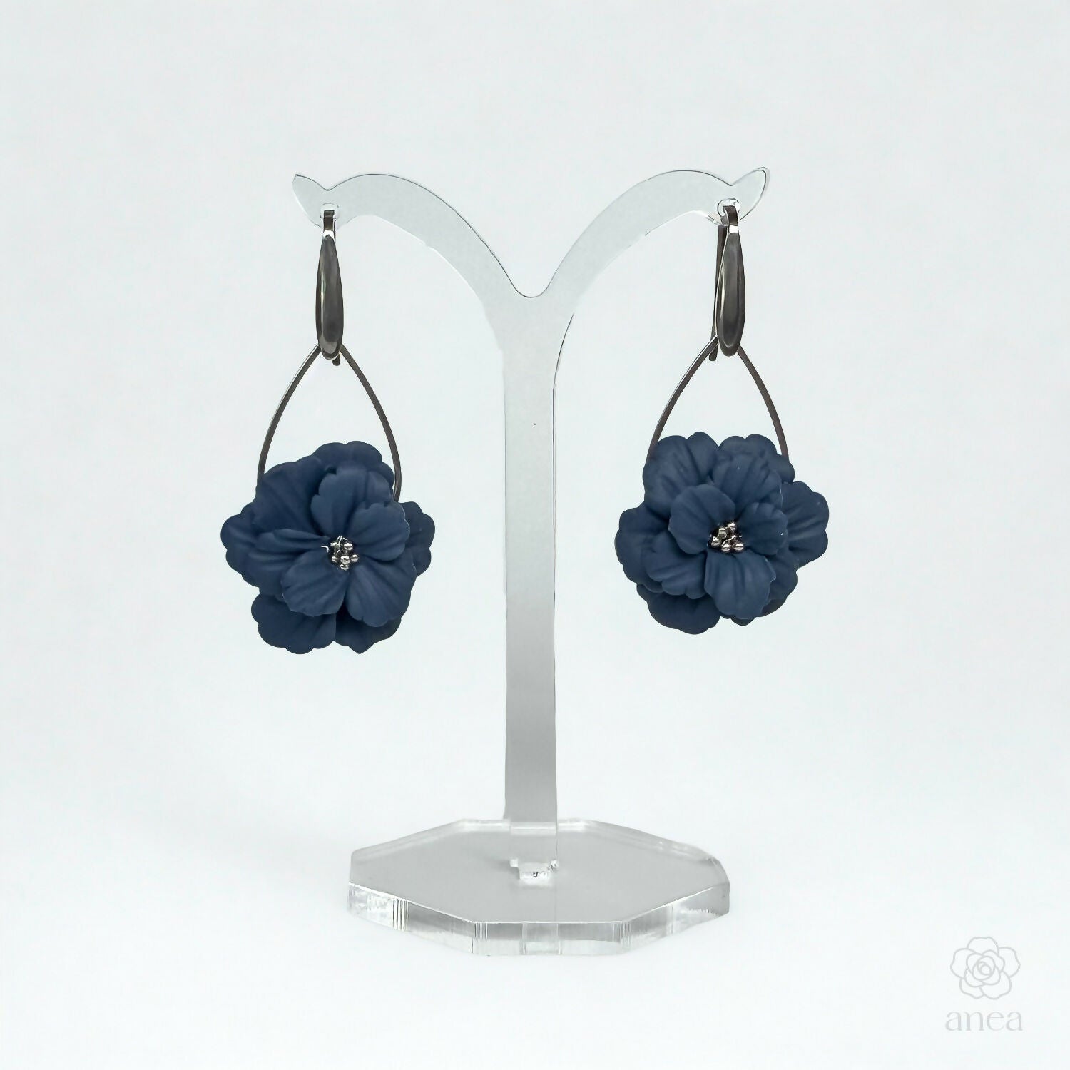 Sculpted Flower Drop Earrings with Silver Hook in Navy Blue