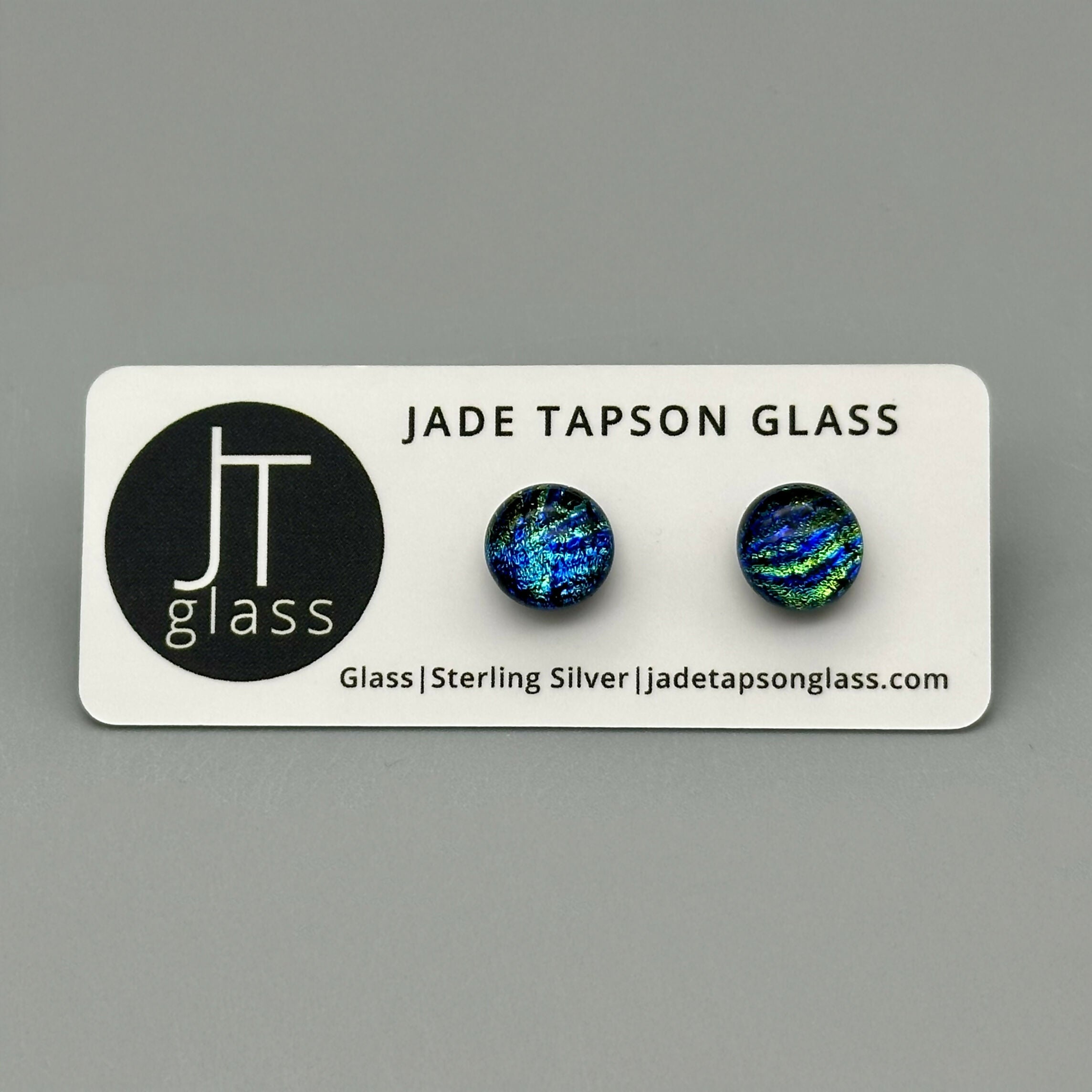 Blue & Green Flower Dichroic Fused Glass Sterling Silver Stud Earrings - Handmade by Jade Tapson Glass.