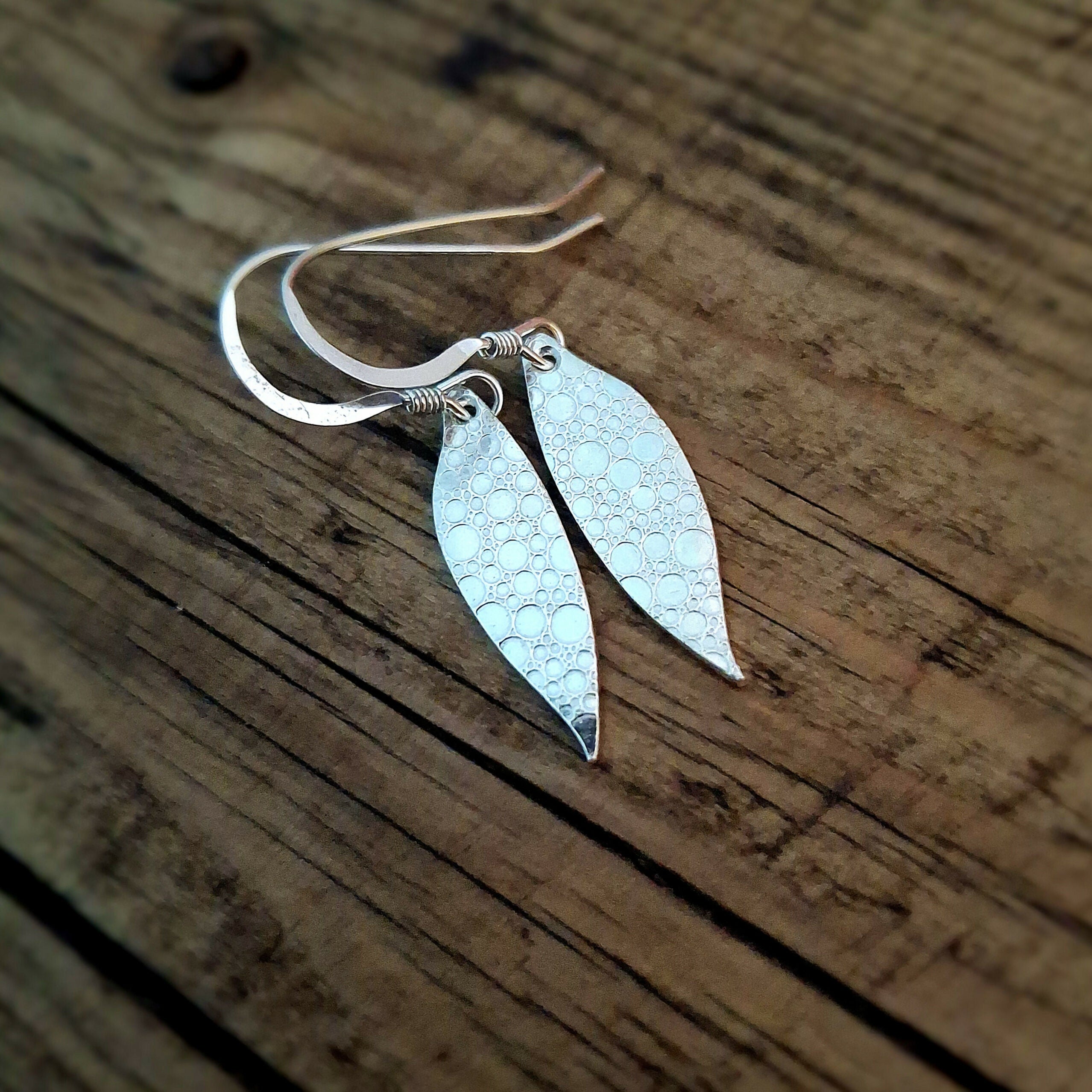 Handmade Silver Drop Leaf Earrings Bubble Texture