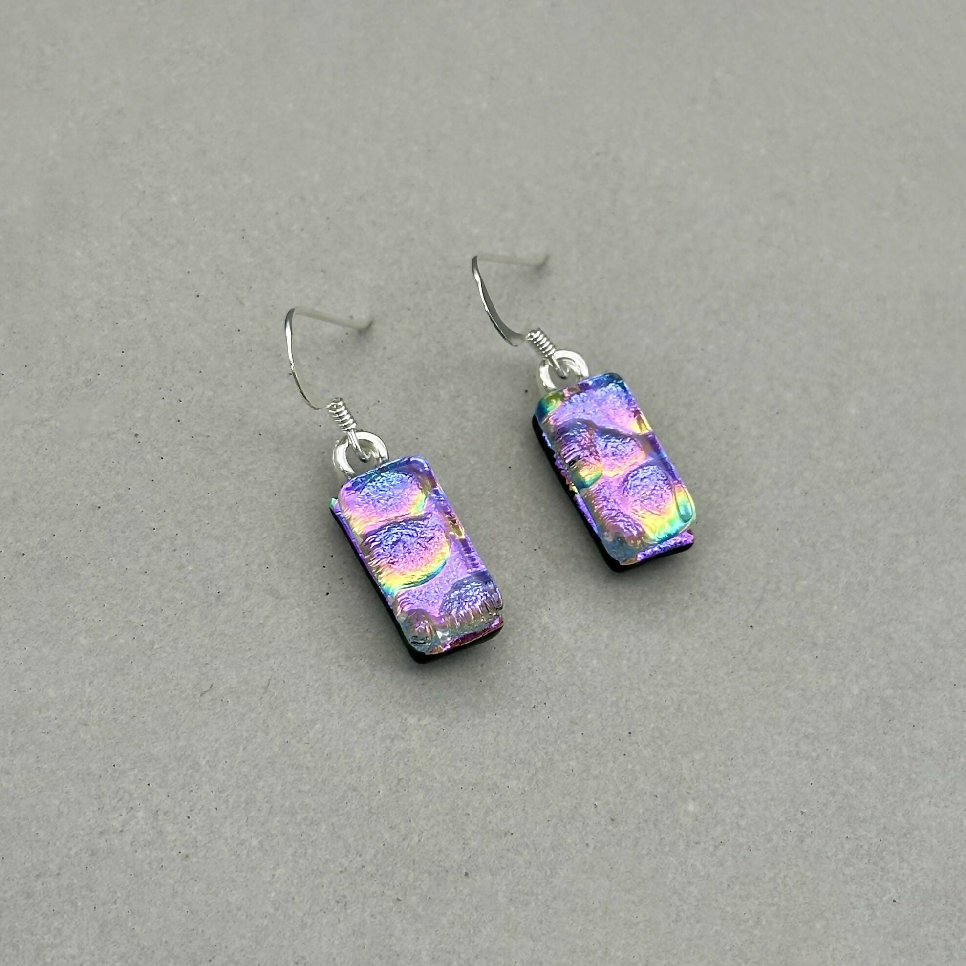 Purple Bubble Dichroic Fused Glass Dangle Sterling Silver Earrings - Handmade by Jade Tapson Glass.