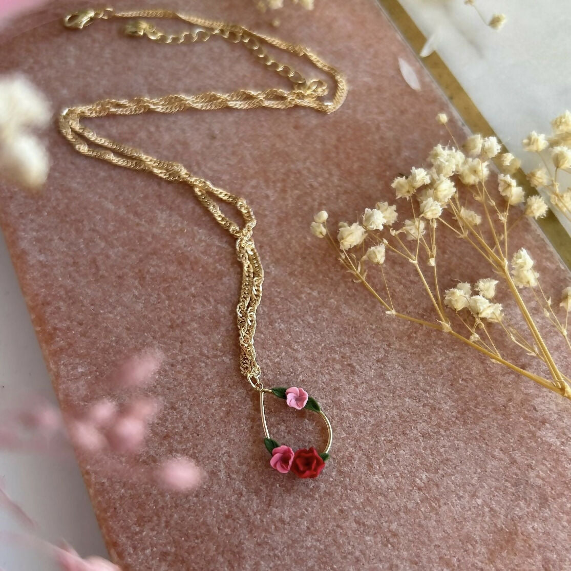 Pink Flower Teardrop Necklace