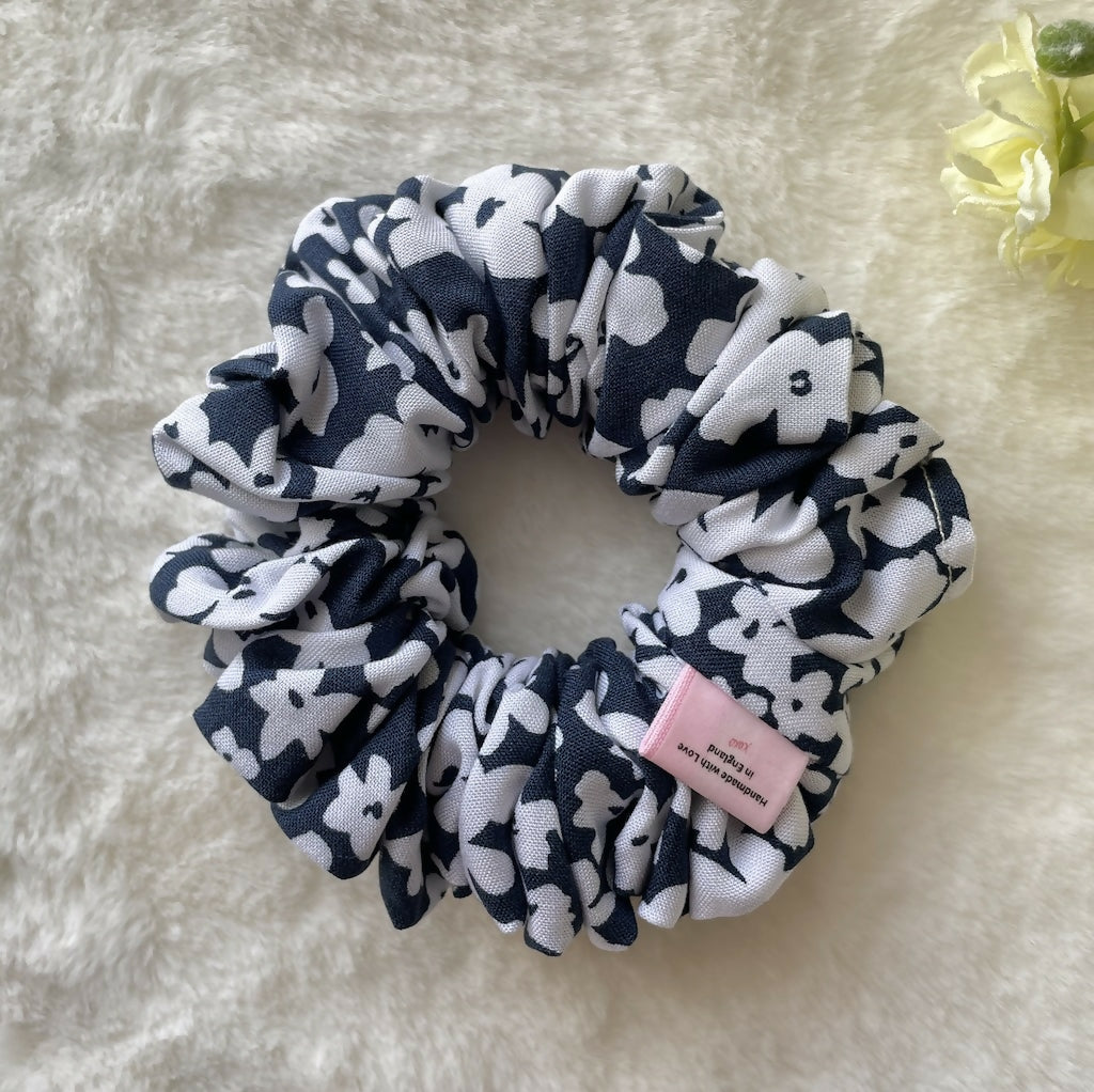 Handmade Scrunchie Navy Blue Cotton white flower print
