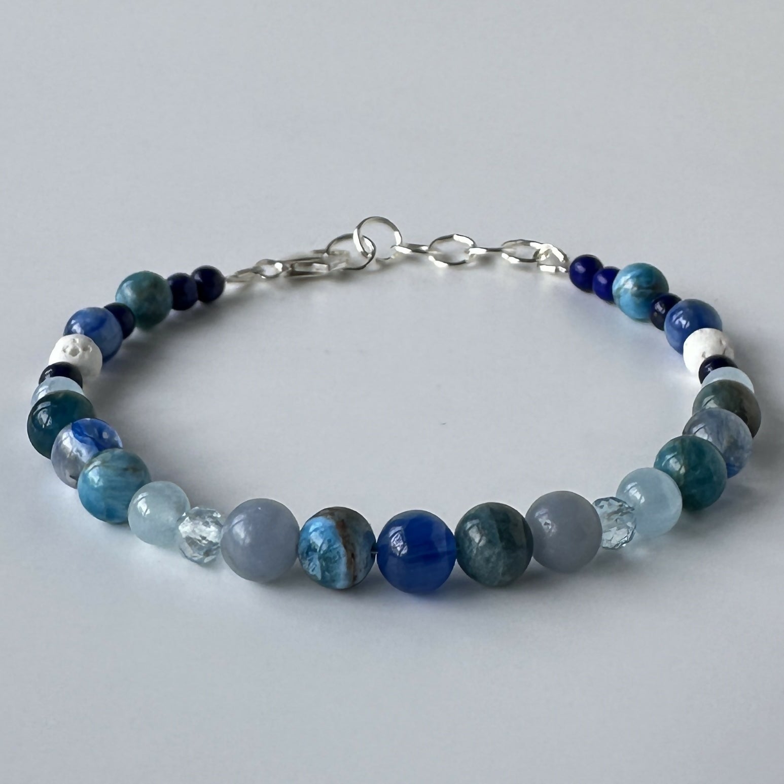 HEALING CRYSTAL & STERLING SILVER THROAT CHAKRA BRACELET WITH AROMATHERAPY BEADS