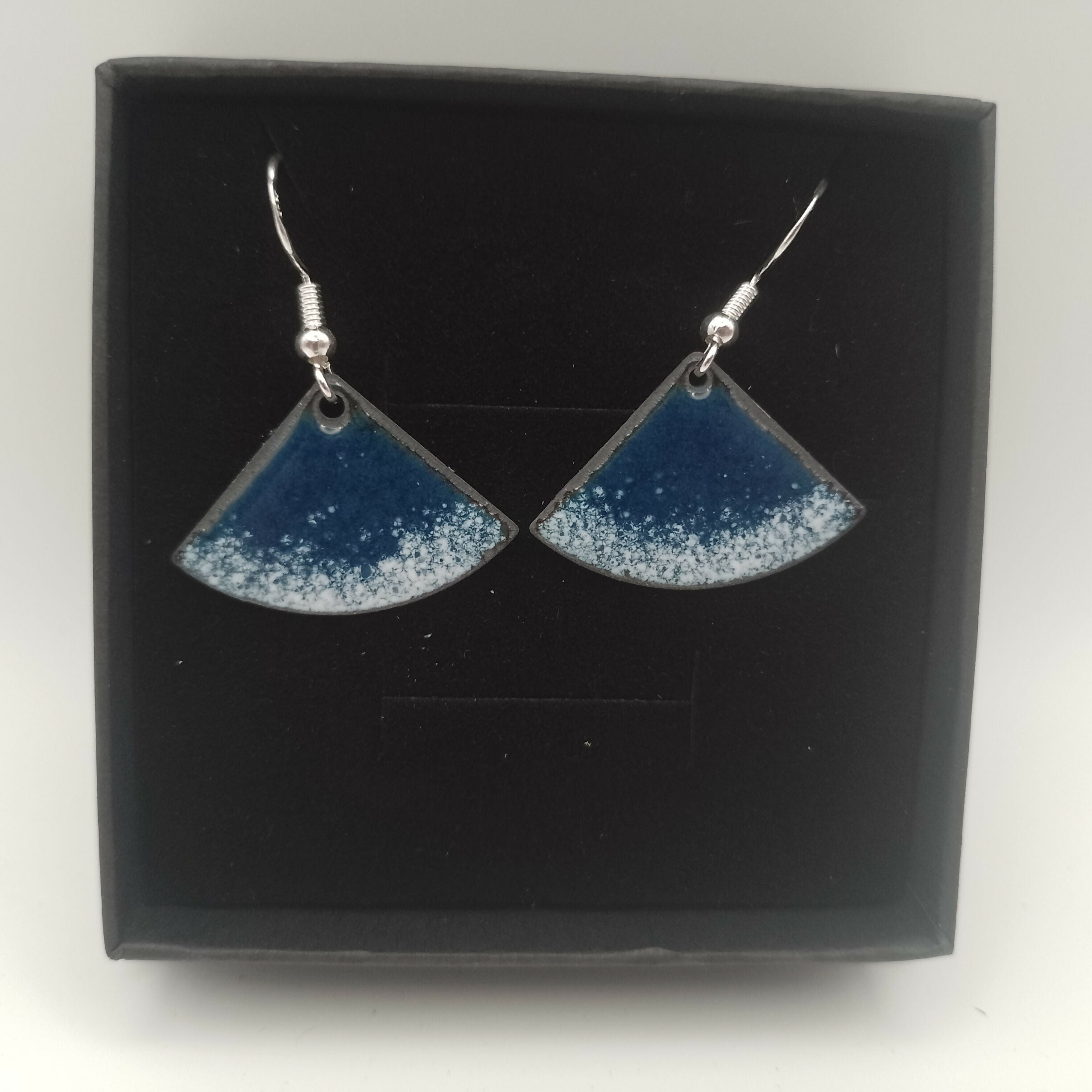 Dark Blue and White Fan Enamel Earrings