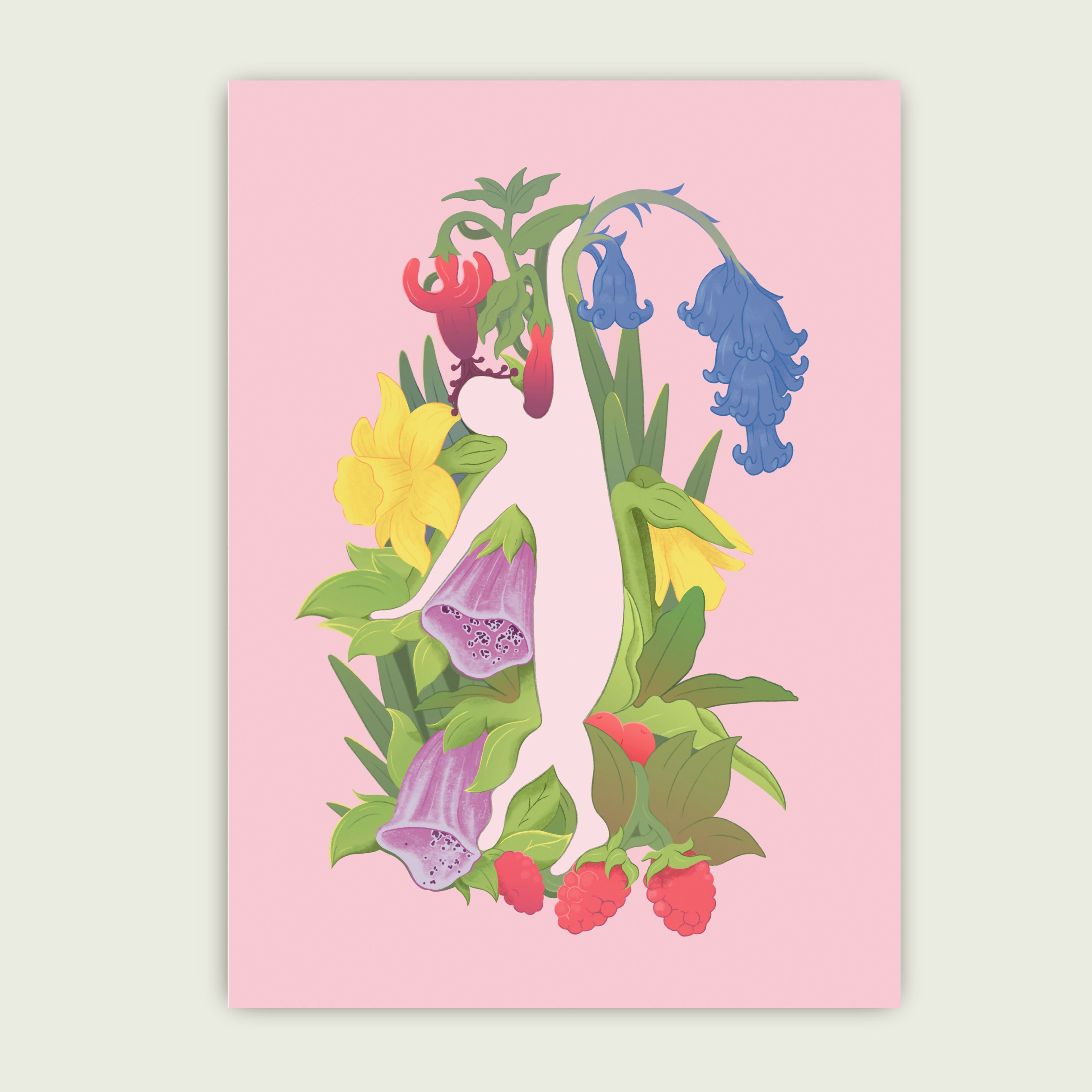 A4 Illustrated Print Of A Dancing Figure Amongst Flowers, Foliage And Fruits