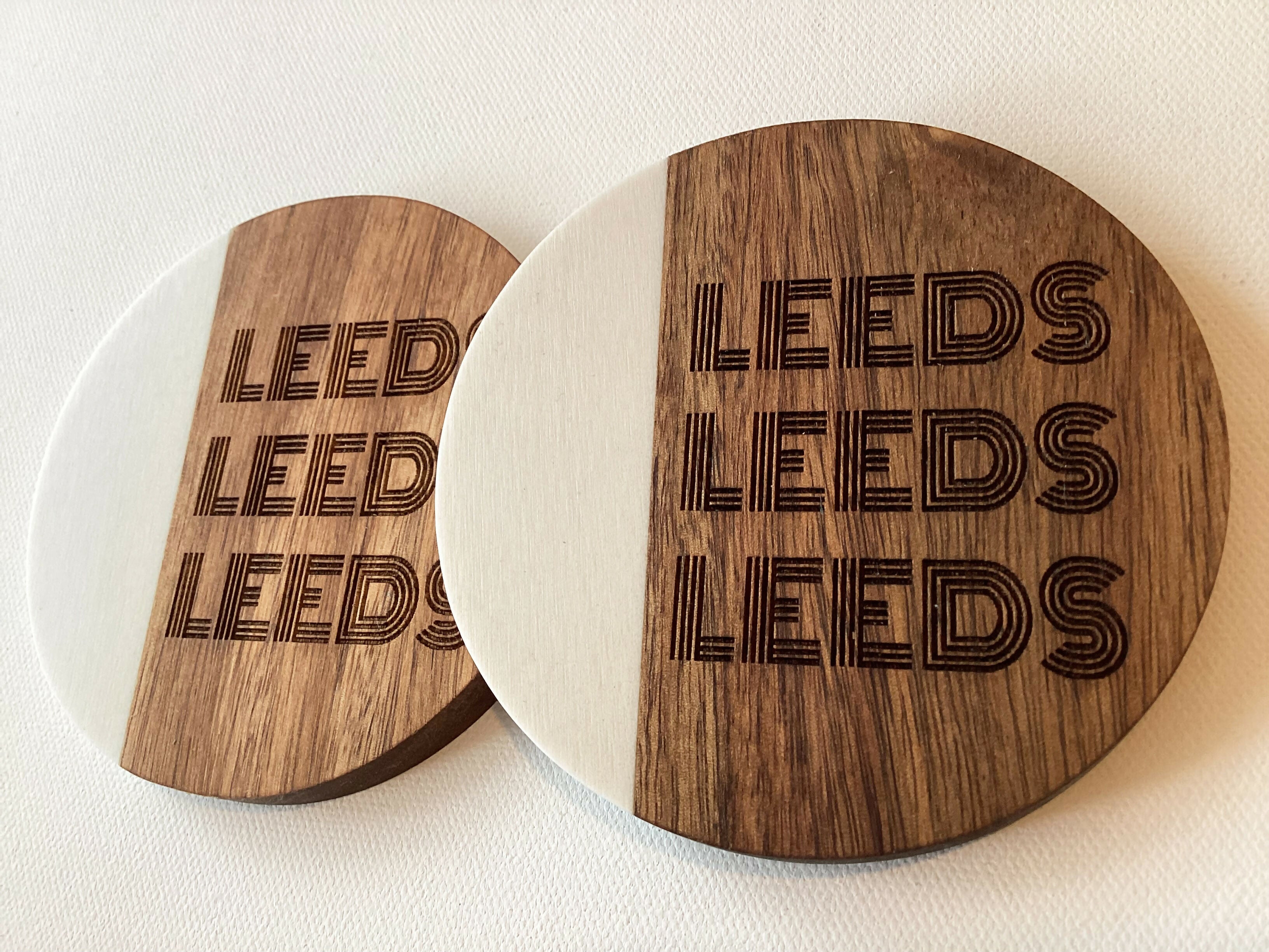 Leeds Football Inspired Engraved Marble and Acacia Wood Coaster