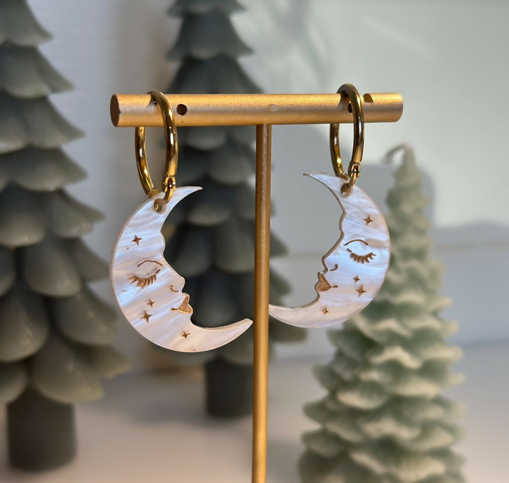 White pearl, dangly celestial moon earrings