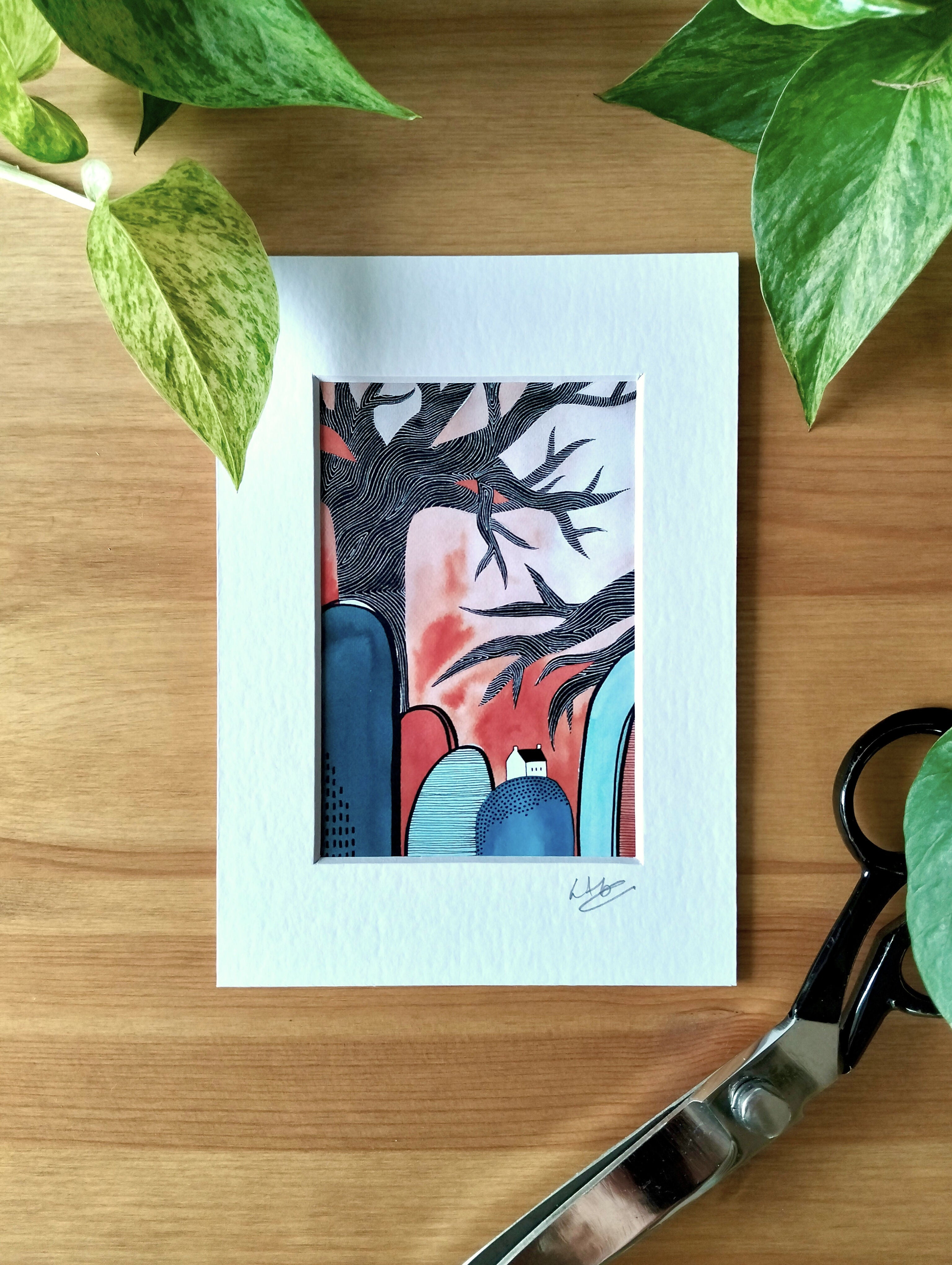 Signed Mini Art Print | Abstract Hilltop Cottage Watercolour