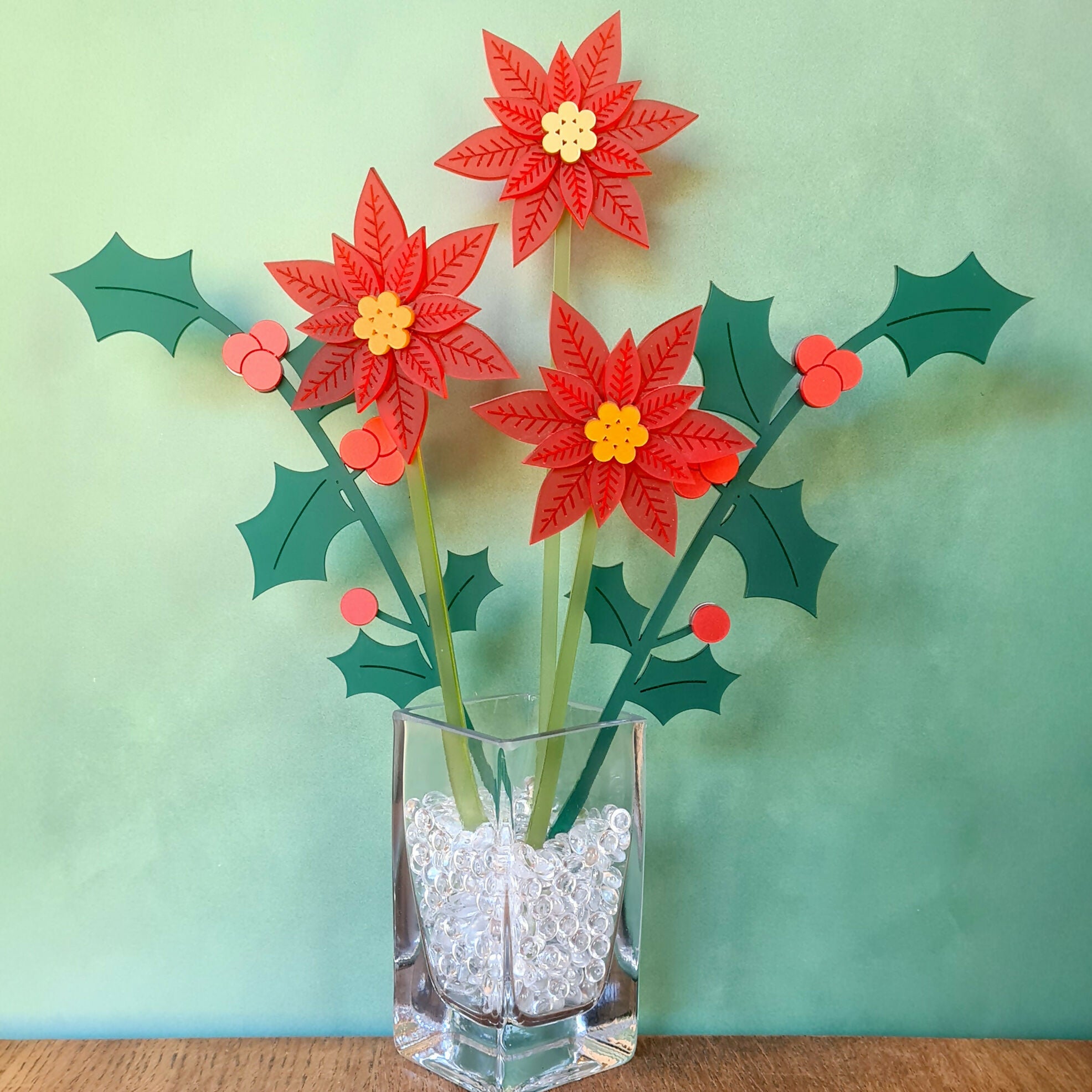 Red Poinsettia and Holly Vase