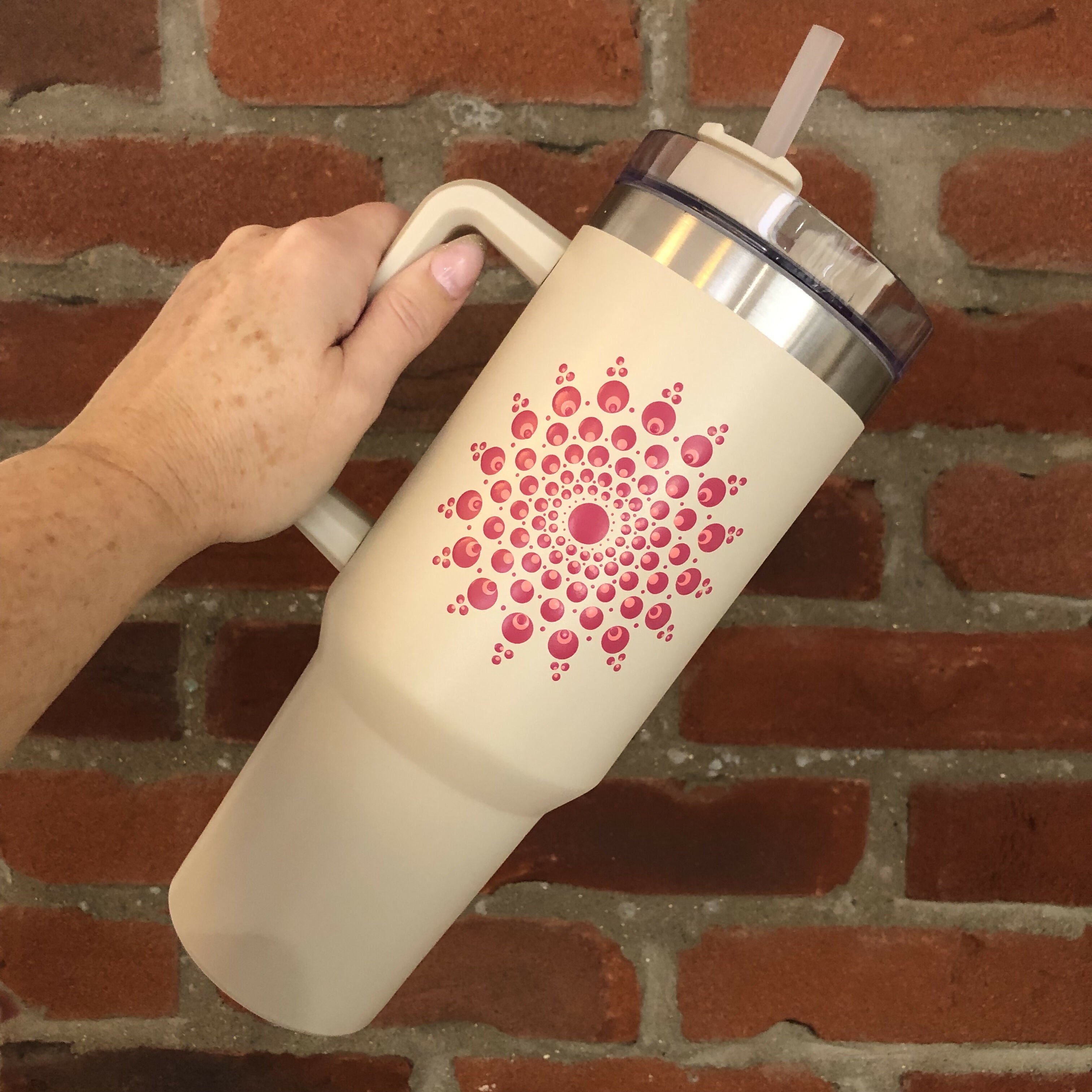 Hand Painted Dot Mandala Stanley-Style Cup With Straw: Cream with Flamingo and Coral