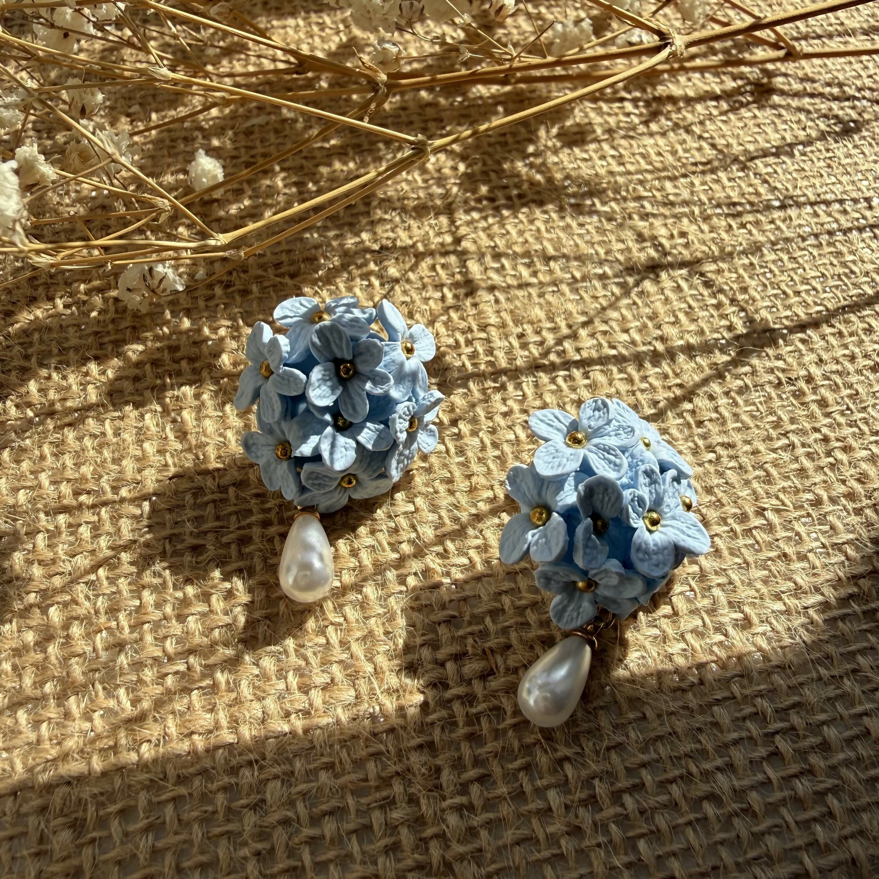 Blue Flower Cluster Drop Earrings with Pearl Detail and Gold Centre