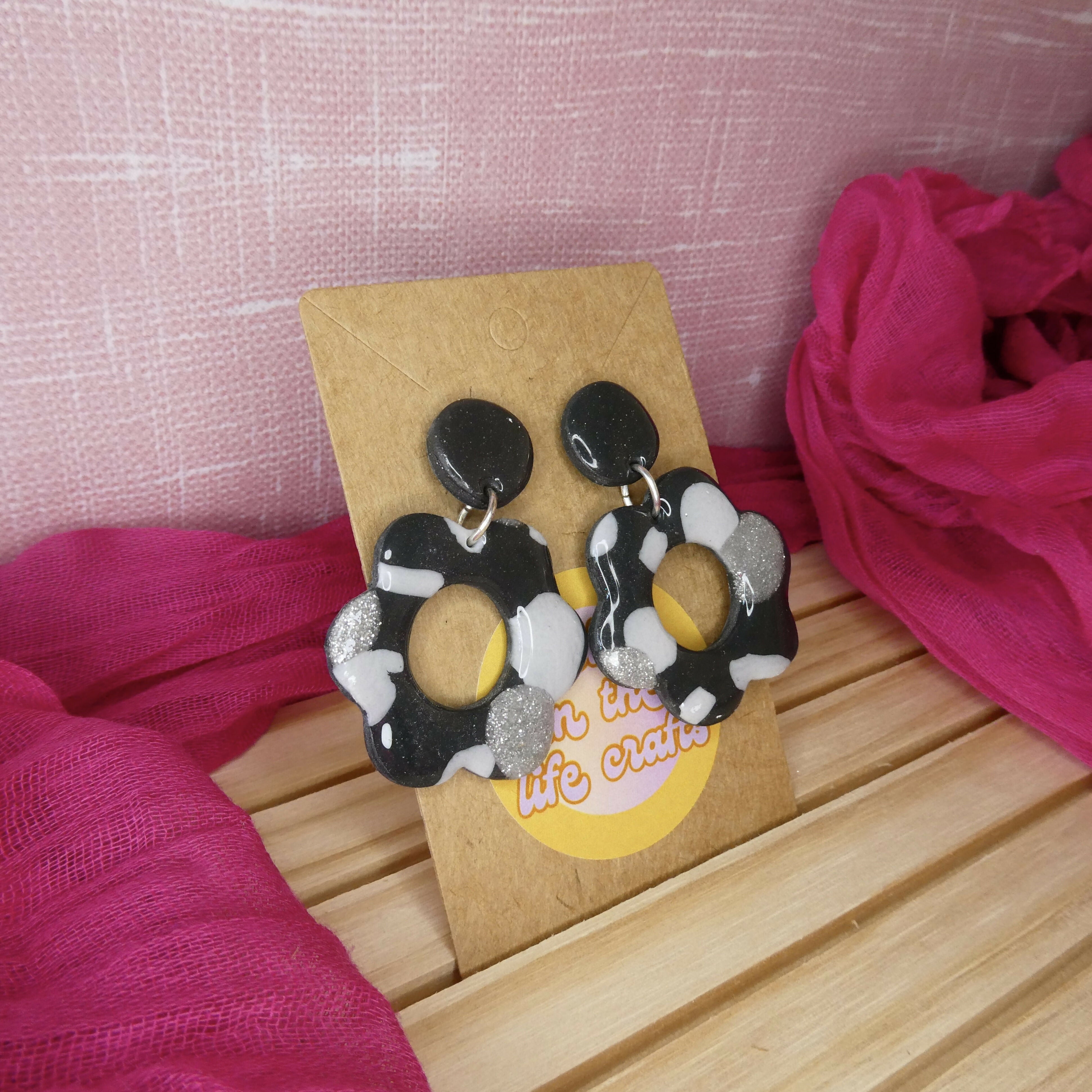 Black, White And Silver Flower Polymer Clay Earrings