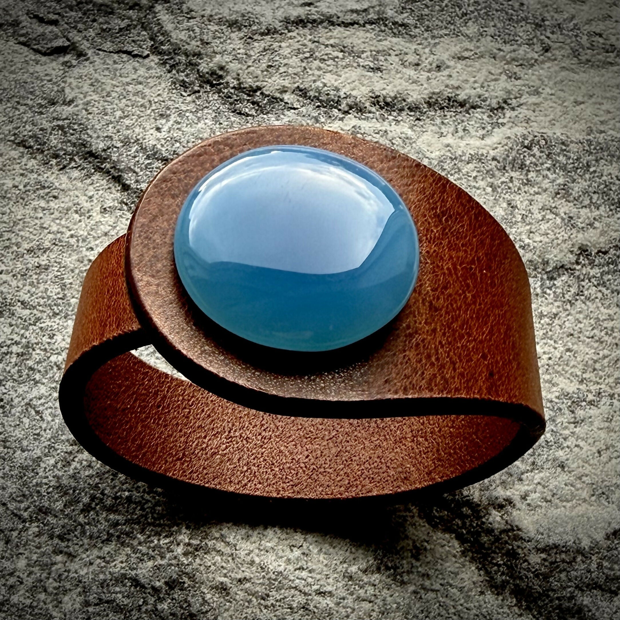 Handcrafted Natural Leather & Blue Paraiba Chalcedony Gemstone Bracelet - Size S or M