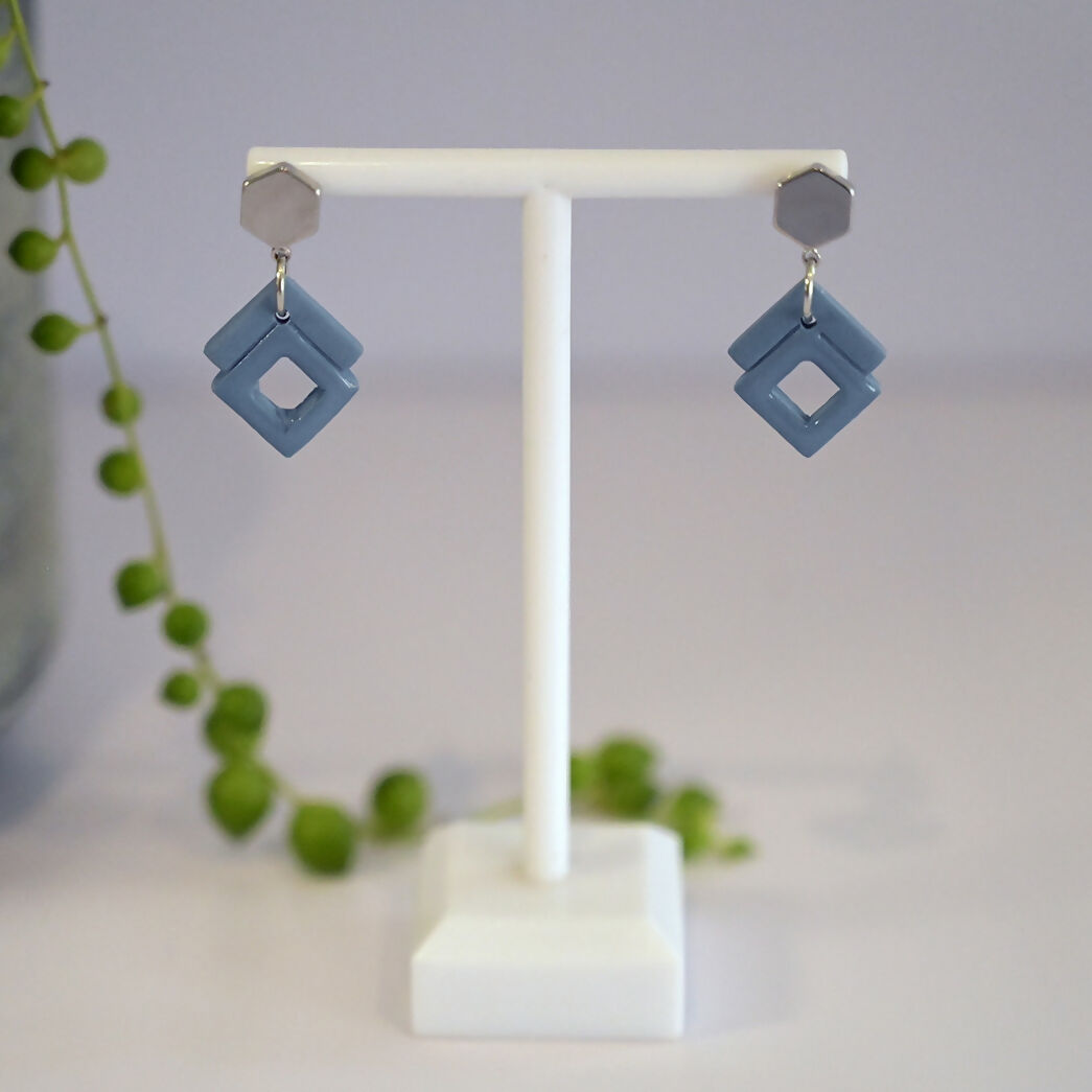 Blue Art Deco Dangle Earrings - Handmade Polymer Clay - Polly Plant