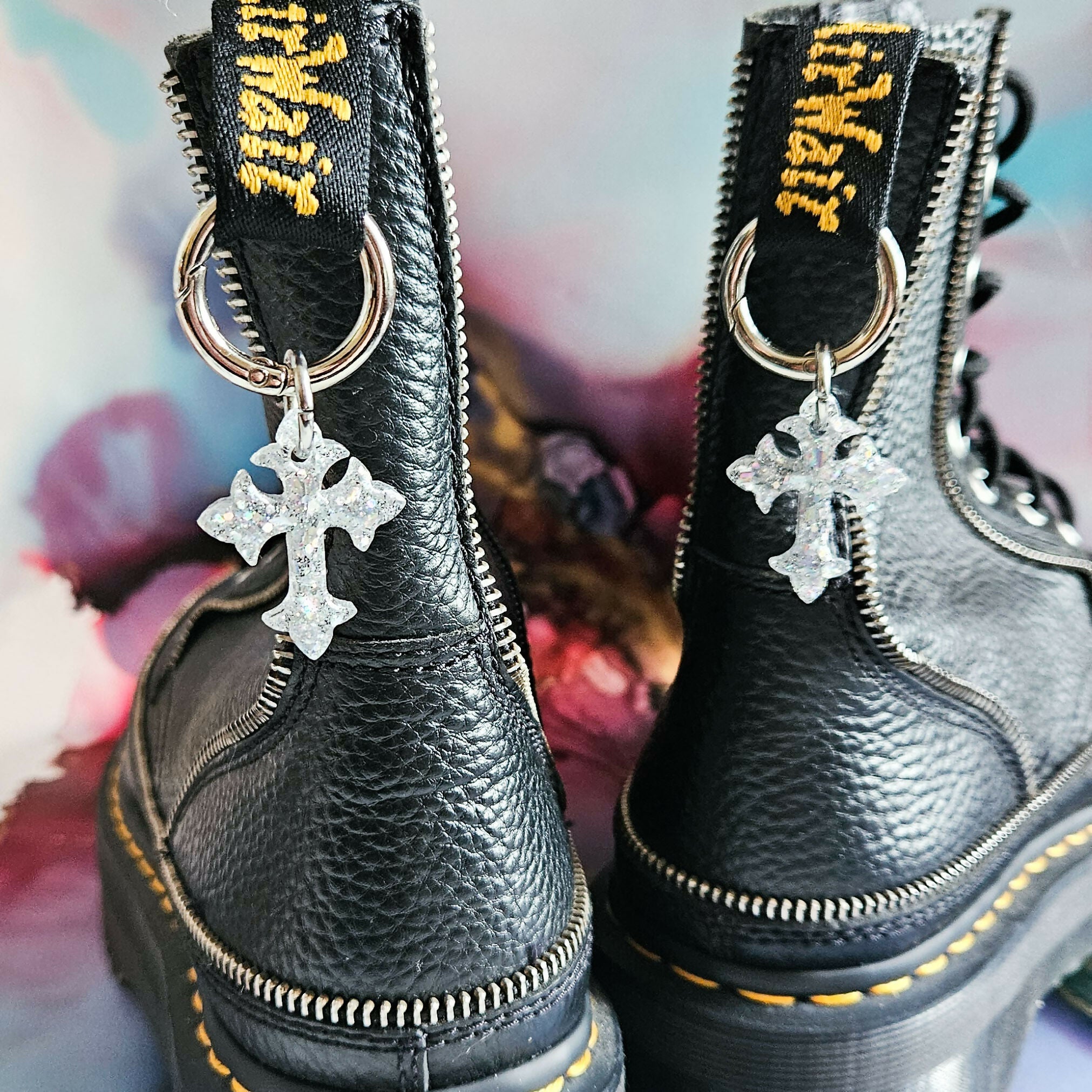 Handmade Resin Silver Glitter Cross Boot Charms