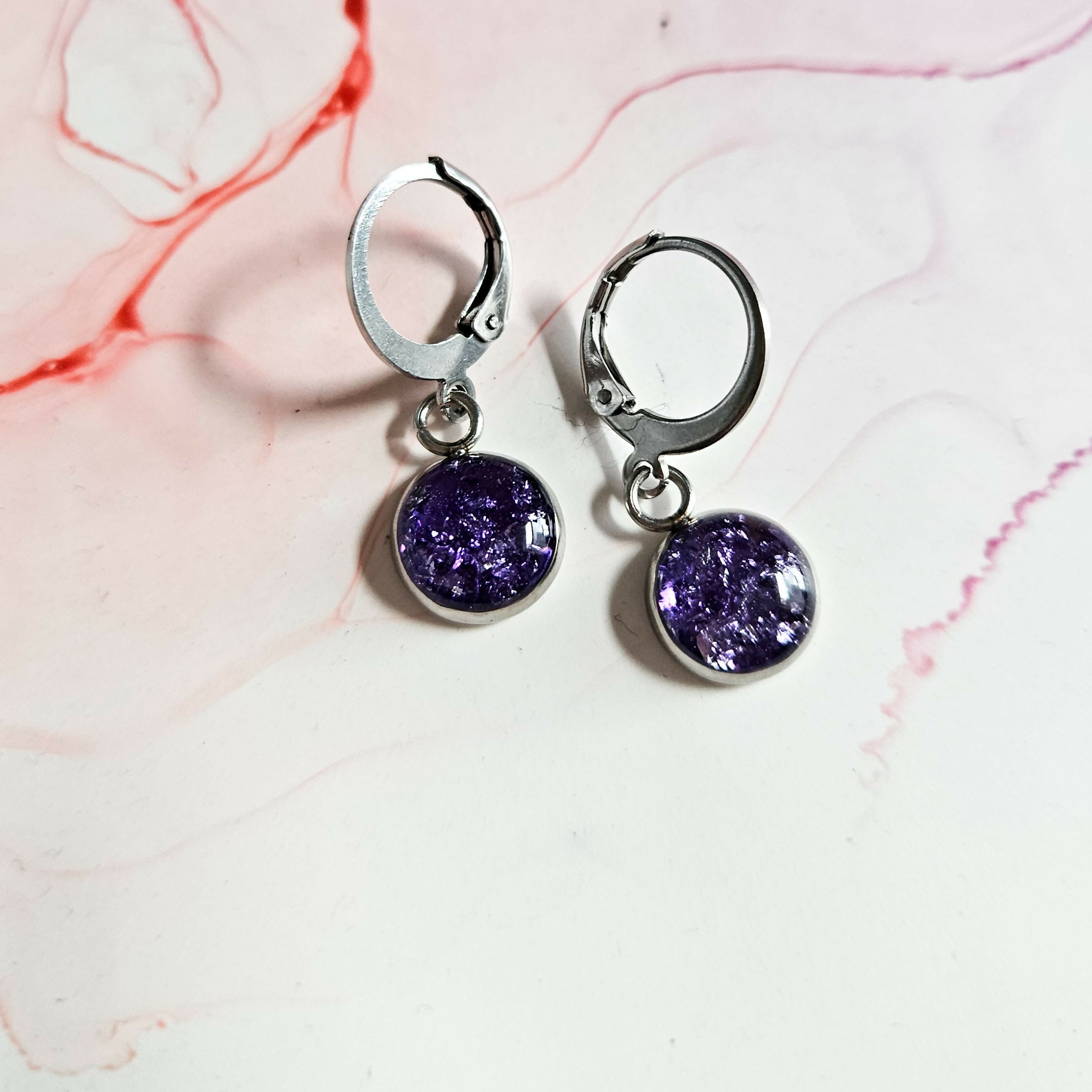 Handmade Purple And Silver Leaf Resin And Stainless Steel Huggie Hoops