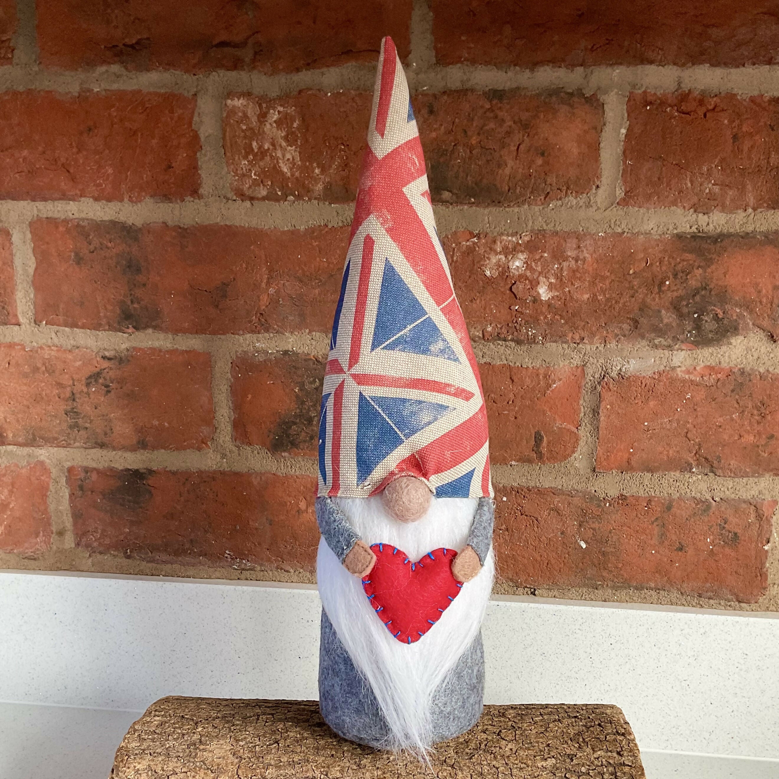 Union Jack Gnome Decoration With Red Heart, Handmade Gonk Ornament With British Flag Hat