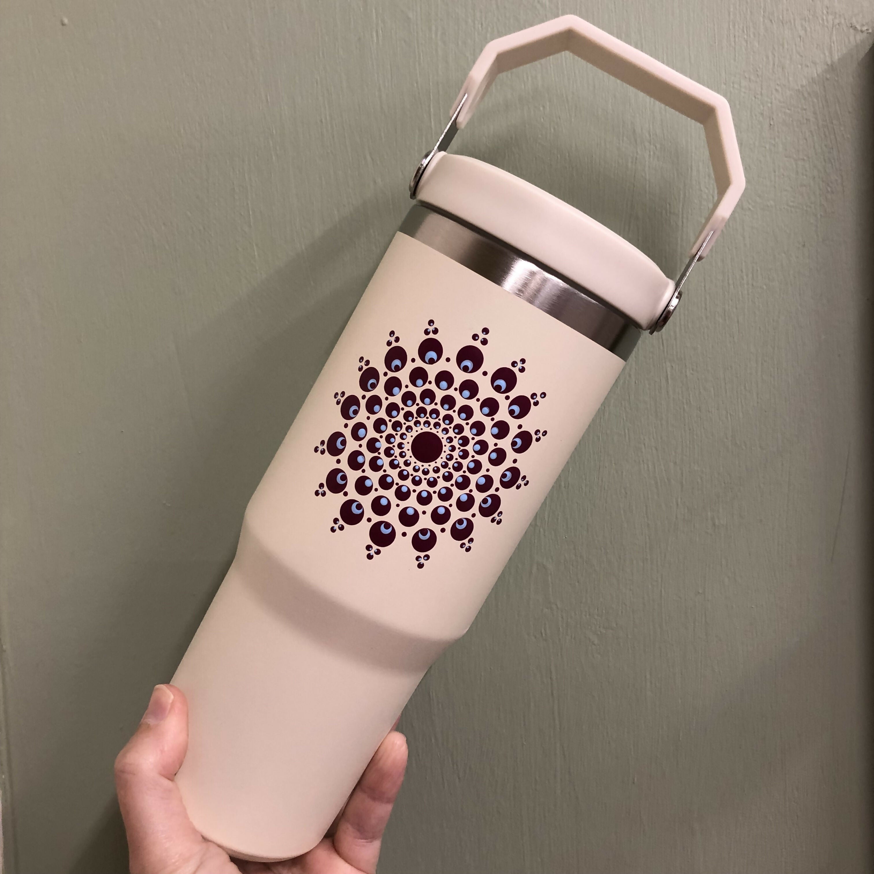 Hand Painted Dot Mandala Thermal Water Bottle with Handle: Cream with Burgundy and Baby Blue